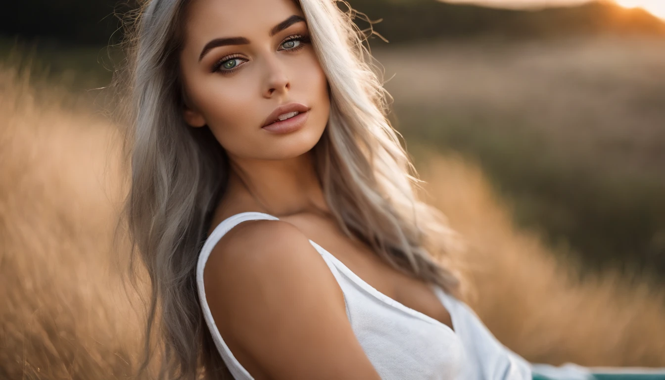 Woman in white tank top and ripped jeans, Sexy girl with green eyes, Portrait of Sophie Mudd, (Silver-haired hair), (large eyes), (Silver-haired hair), (large eyes), (Silver-haired hair), (large eyes), Selfie of a young woman, without makeup, natural makeup, Straight Looking at the Camera, Faces with artgrams, Subtle makeup, Amazing full-body shots, Pierced green eyes, Beautiful angles, attractive pose, Cute Girl, Sexy Pose, full body photograph, s whole body, full body shooting, Brunette Goddess, High Detail, Satisfying pose