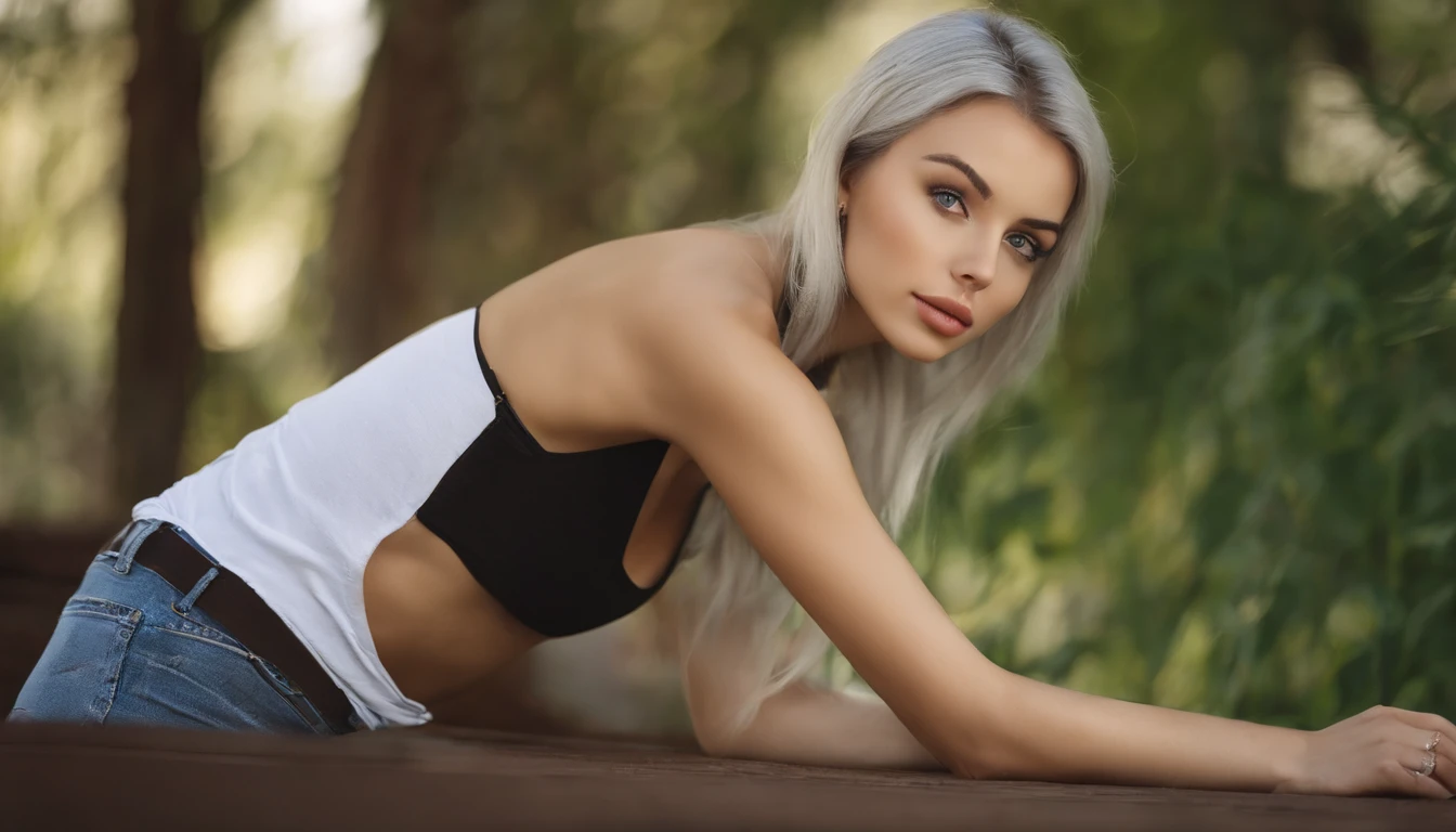 Woman in white tank top and ripped jeans, Sexy girl with green eyes, Portrait of Sophie Mudd, (Silver-haired hair), (large eyes), (Silver-haired hair), (large eyes), (Silver-haired hair), (large eyes), Selfie of a young woman, without makeup, natural makeup, Straight Looking at the Camera, Faces with artgrams, Subtle makeup, Amazing full-body shots, Pierced green eyes, Beautiful angles, attractive pose, Cute Girl, Sexy Pose, full body photograph, s whole body, full body shooting, Brunette Goddess, High Detail, Satisfying pose