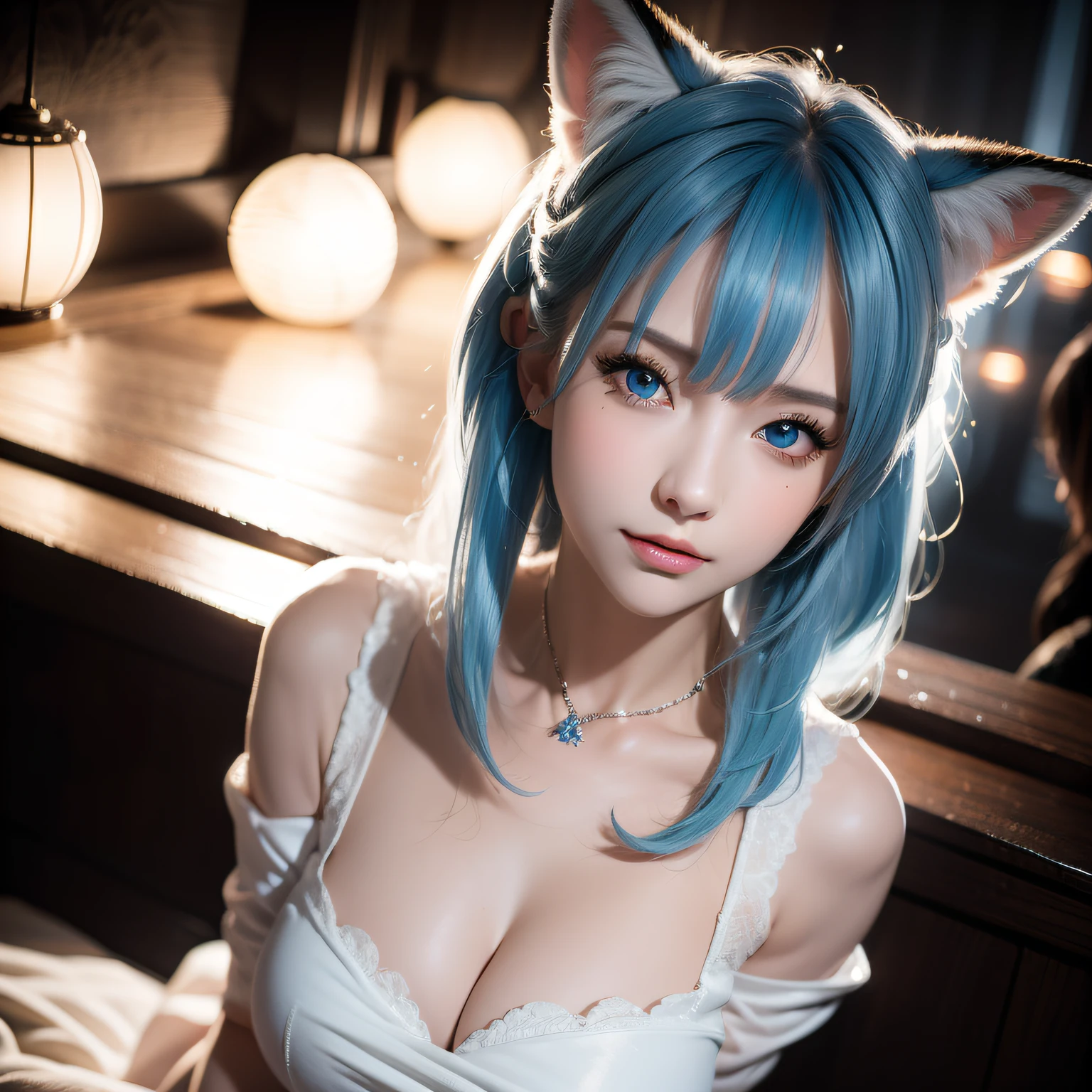 Two Miss Fox Demons，T-shirt wraps around your neck，High collar、High collar、High collar、High collar、High collar、High collar、Fox Devil Fox Years White Hair Girl，Overlooking the night view of Chang'an，Sexy and feminine，sit pose，Fluffy fox ears，fox tails，No ears，reddish tones，Gorgeous fireworks background，Pink floral maxi dress，The beauty of fox ears alone，Cover chest，Clan Girl，Fox's eye，Enchanted，Charming， K， best qualtiy， tmasterpiece，  Raised sexy， Highly detailed face and eyes， professional make up， ，， glow blue eyes，Blue haired girl with fox ears、Camera angle from above、Looking here、