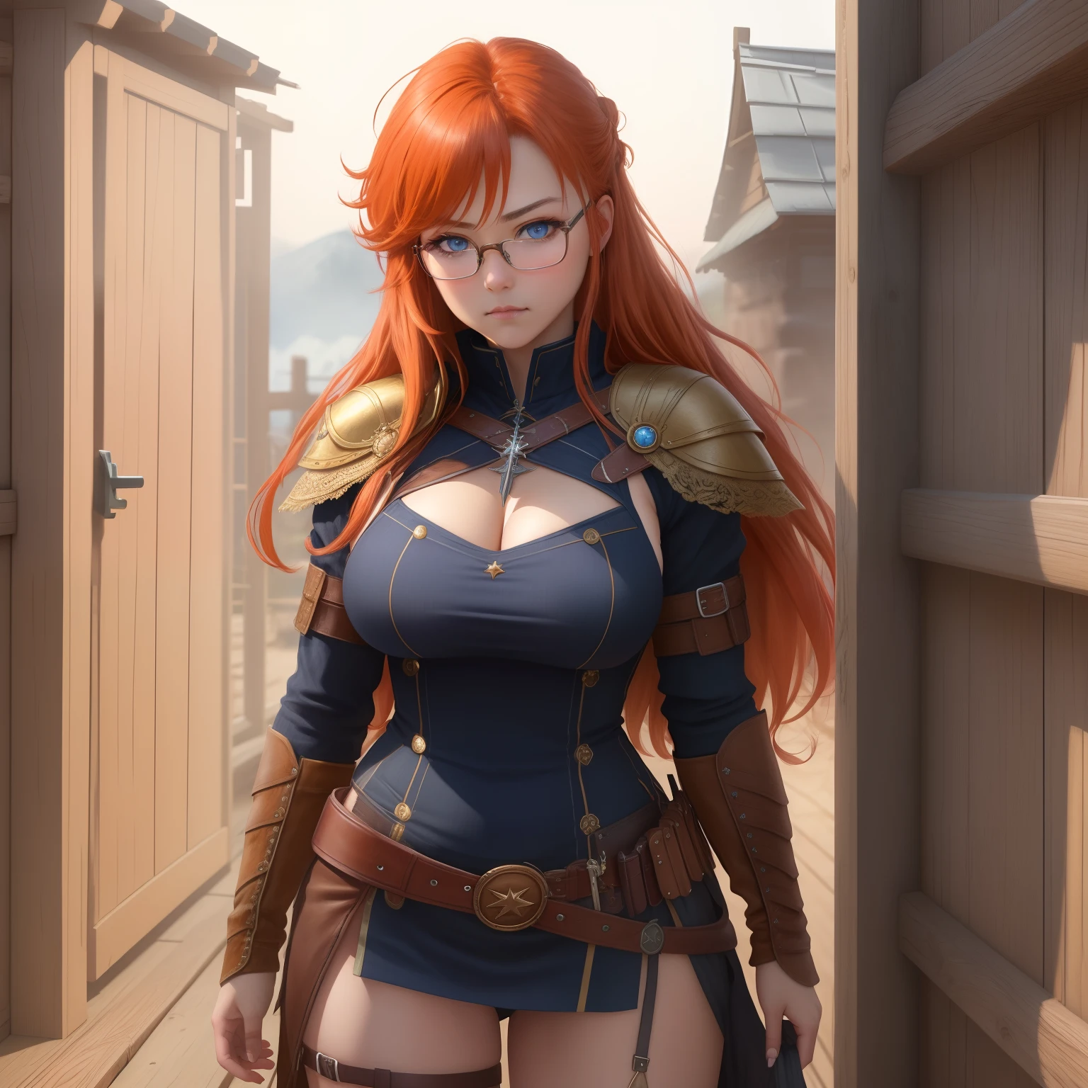 8k, masterpiece, best quality, realistic, higly detailed, cowboy shot, 1girl, solo, itsuki, serious looking girl, medium-length hair, expressive ahoge, reddish-orange hair, a pair of star-shaped hairpins near both of her eyes, dark blue eyes, average height, well-endowed figure, glasses, cute, Norse Goddess