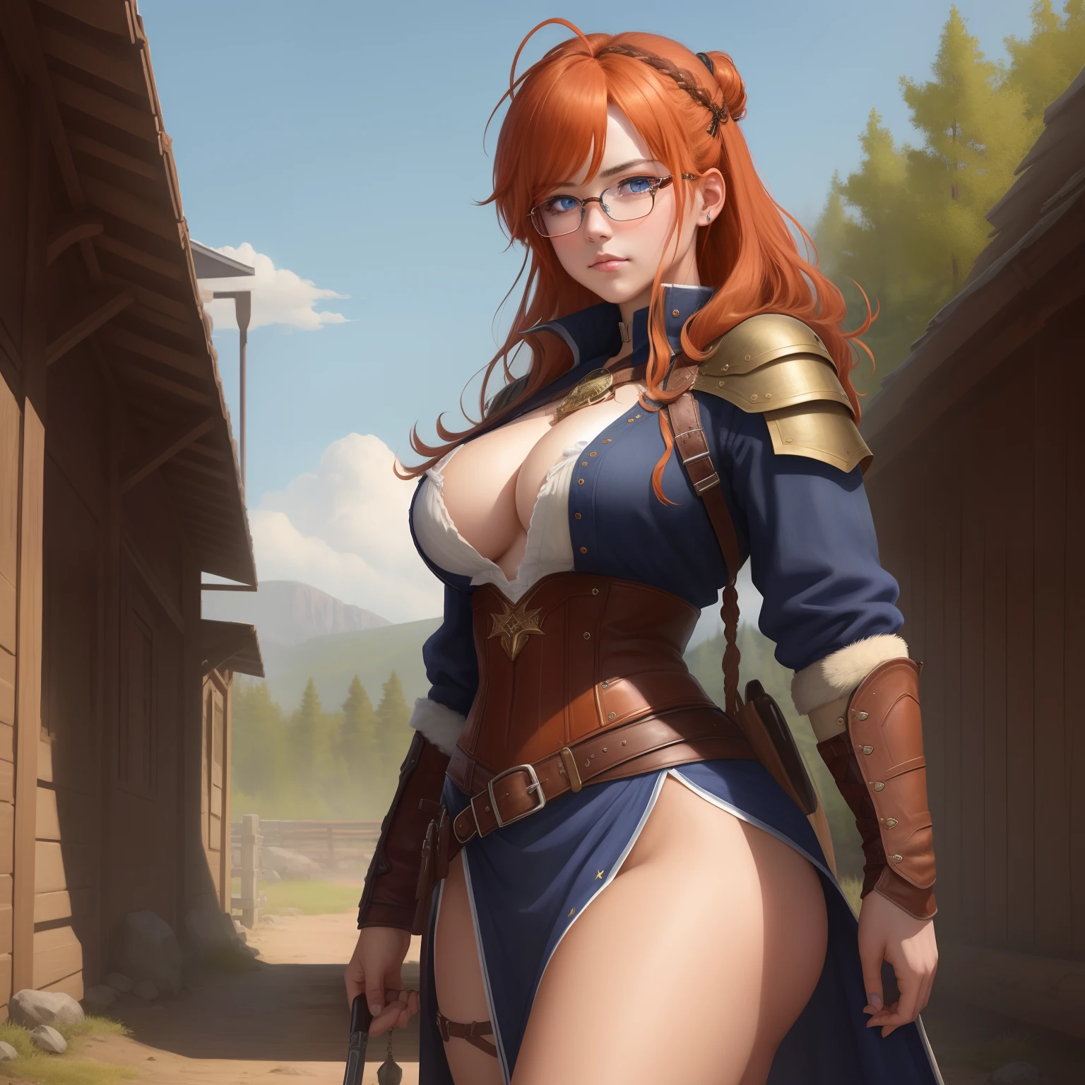 8k, masterpiece, best quality, realistic, higly detailed, cowboy shot, 1girl, solo, itsuki, serious looking girl, medium-length hair, expressive ahoge, reddish-orange hair, a pair of star-shaped hairpins near both of her eyes, dark blue eyes, average height, well-endowed figure, glasses, cute, Norse Goddess