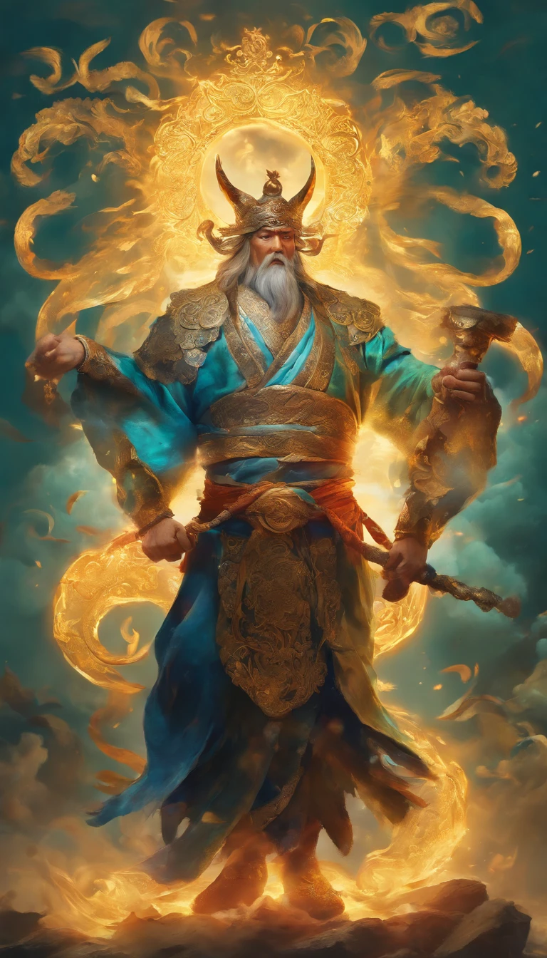 Chinese mythological figures, This is a tall and kind Taoist giant，The body is wrapped in a transparent illuminated chain, exquisitedetails, In the background is a huge transparent glowing clock, Dynamic and dynamic scene styles, dispersion, Surreal fantasy, dynamic blur, A sense of concentration that hits the soul, Long exposure, cinematic Film still from, Light amber and blue-green, swirling vortexes, Superheroes, Crazy details