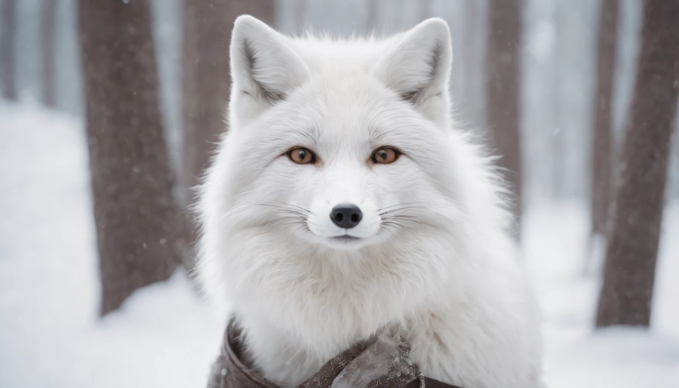 a [white fox] walking through a portal | in the style of zen buddhism influence and post-apocalyptic landscapes | winter season, snow | portrait paintings; mote kei; iconic; realistic portrayal