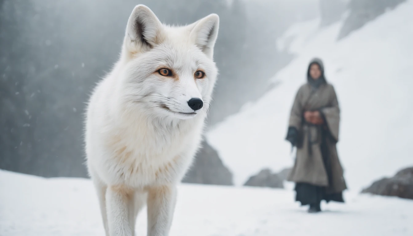 a [white fox] walking through a portal | in the style of zen buddhism influence and post-apocalyptic landscapes | winter season, snow | portrait paintings; mote kei; iconic; realistic portrayal