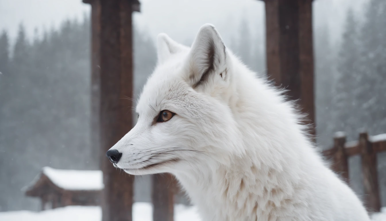 a [white fox] walking through a portal | in the style of zen buddhism influence and post-apocalyptic landscapes | winter season, snow | portrait paintings; mote kei; iconic; realistic portrayal