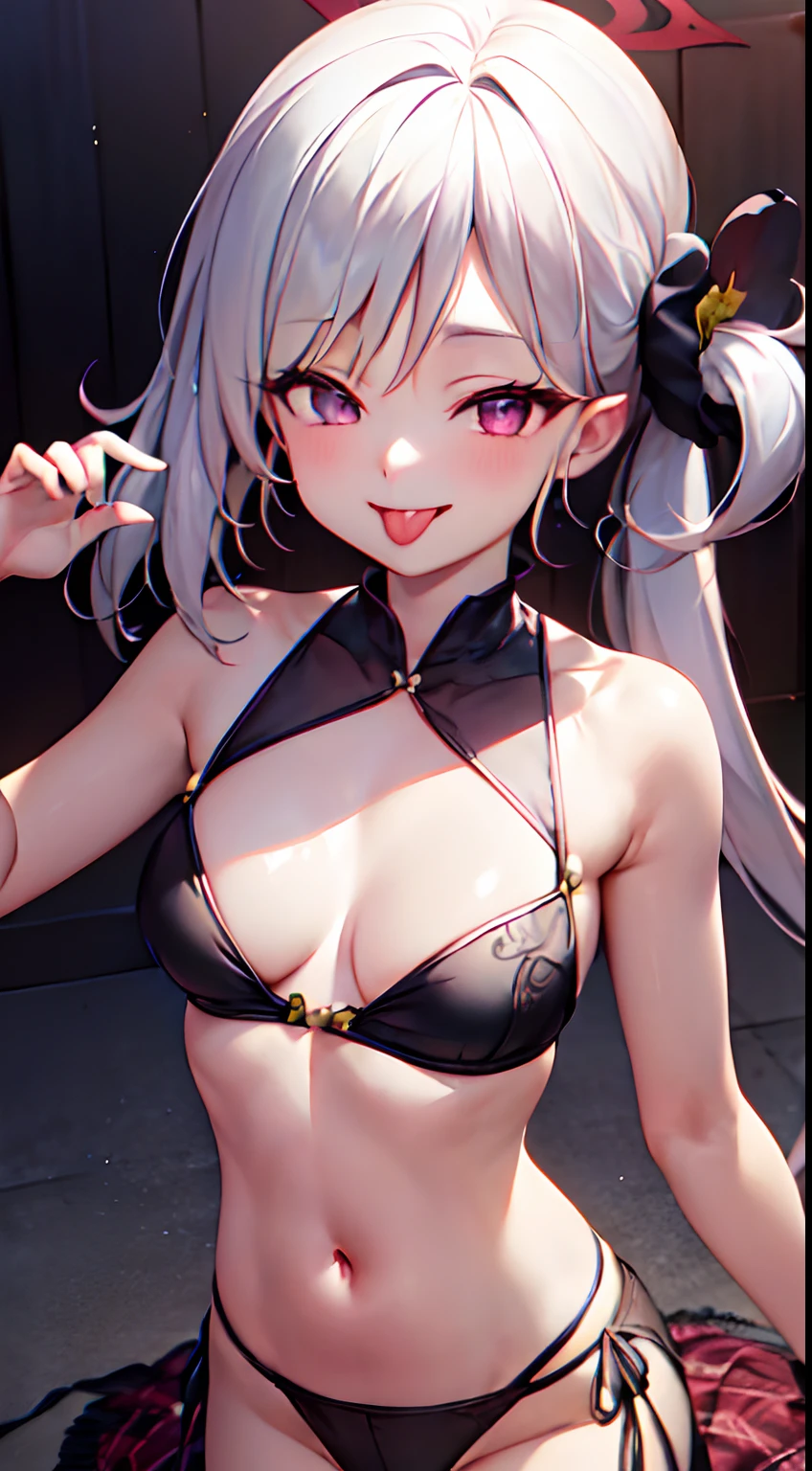 (best quality, masterpiece, highres tyndall effect,photorealistic, dark studio, rim lighting, two tone lighting,(high detailed skin:1.2), 8k uhd, dslr, soft lighting, high quality, volumetric lighting, candid, Photograph, high resolution, 4k, 8k), 1girl , black scrunchie, breasts , closed mouth , hair ornament , hair scrunchie , long hair , mesugaki , purple eyes , side ponytail , sleeveless dress , small breasts , smile , solo , tongue , tongue out , white dress, white hair