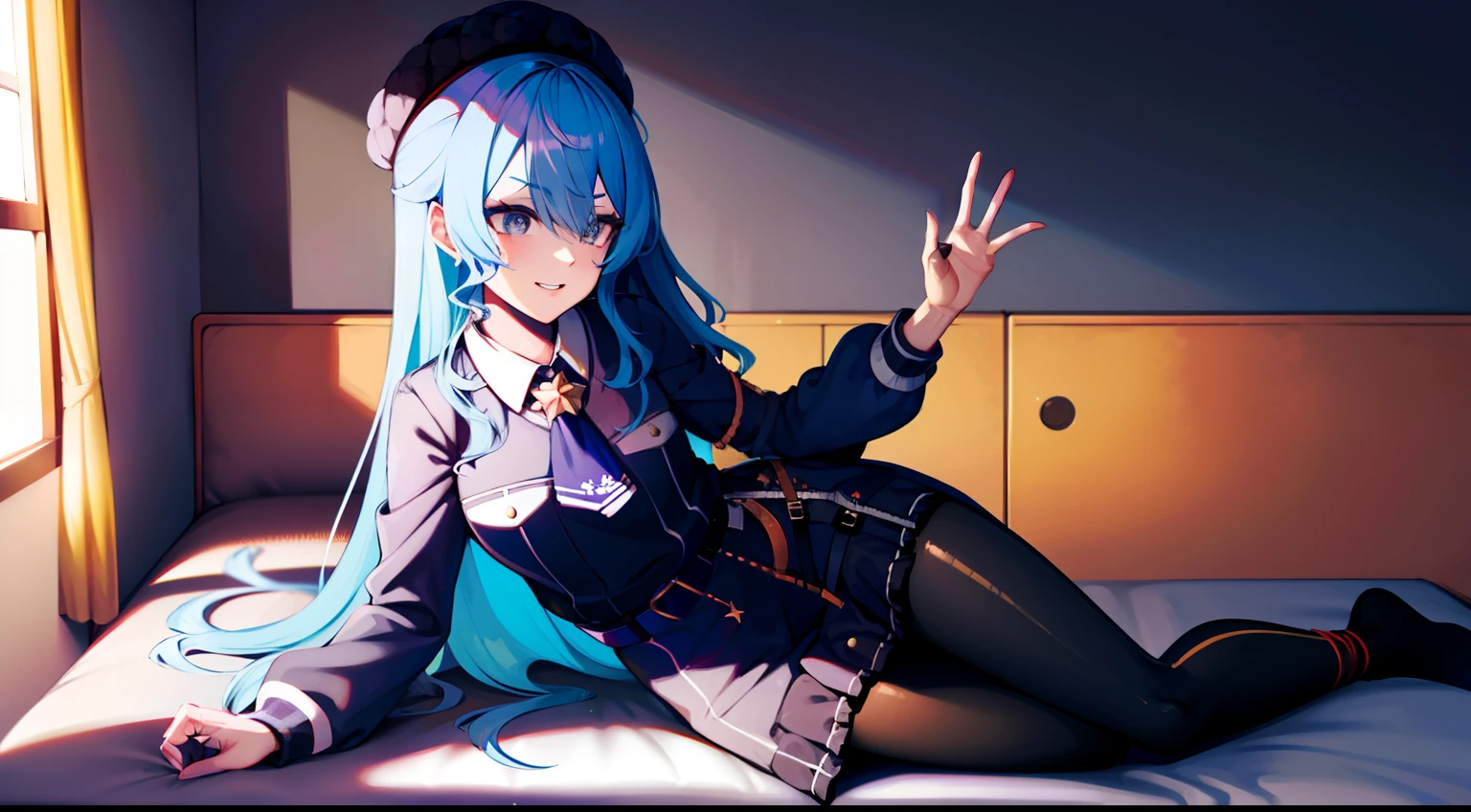 Hoshimachisuisei, Suiseihoma, ojos azules, cabello azul, gargantilla, pelo entre los ojos, cabello mediano, Cola de caballo lateral, Gargantilla estrella, Blake Ascot, asymmetrical legwear, belt bag, boina, Guantes negros, Ascot azul, Blue Belt, lazo azul, gargantilla azul, arco, Abotonarse, gargantilla, Camisa con cuello, Diademas, Guantes, sombrero gris, chaqueta gris, falda gris, tiene, chaqueta, jewely, hasta la rodilla, mangas largas, minifalda, Ropa de pierna no coincidente, guantes parcialmente sin dedos, Colgantes, tela escocesa, Chaqueta a cuadros, faldas a cuadros, camisa, A la altura de la rodilla, Individual sock, falda, conjunto de faldas, Sox, Gargantilla estrella, Estampado de estrellas, Correa para el muslo, Legwear desigual, Camisa blanca, DESCANSO mirando al espectador, DESCANSO en interiores, Crass room, QUEBRAR (Masutepiece:1.2), La mejor calidad, High resolution, Fondo de pantalla de Unity 8k, (illustration:0.8), (hermosos ojos detallados:1.6), Cara extra detallada, una sonrisa、Perfect lighting, extremadamente detalles CG, (Manos perfectas, Perfect anatomy), Mensaje negativo