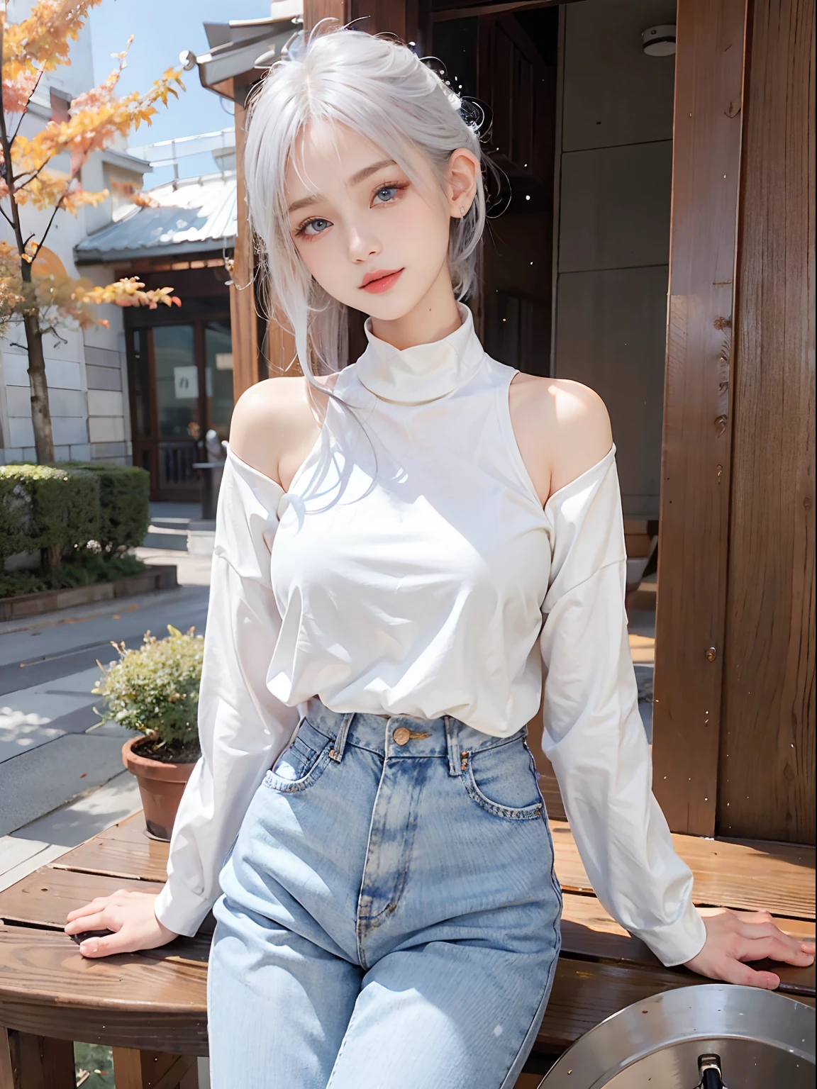 Beautiful girl with white hair and short cut blue eyes、perfectly adapted to the autumn season,。Her blue eyes are、It is like a passionate window that fascinates with the beautiful scenery of autumn.。White hair fluttering in the autumn breeze、Beautiful colors like autumn leaves are spreading..。She、Wearing a crimson warm sweater and jeans、That sweater blends into her white skin、Jeans beautifully complement the lines of her body、Freedom of movement is possible。Her smile is warm、I enjoy autumn fashion with confidence and charm。