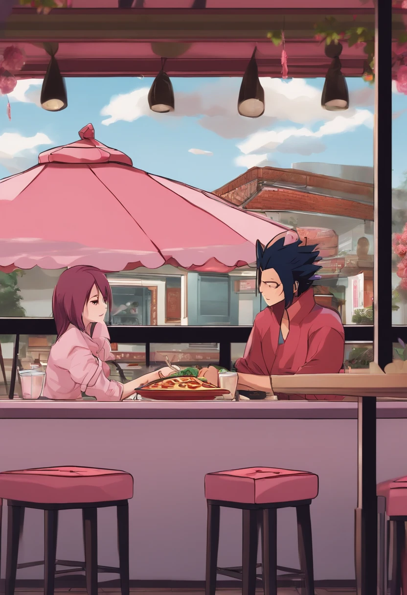 Sakura e Sasuke se beijando na pizzaria