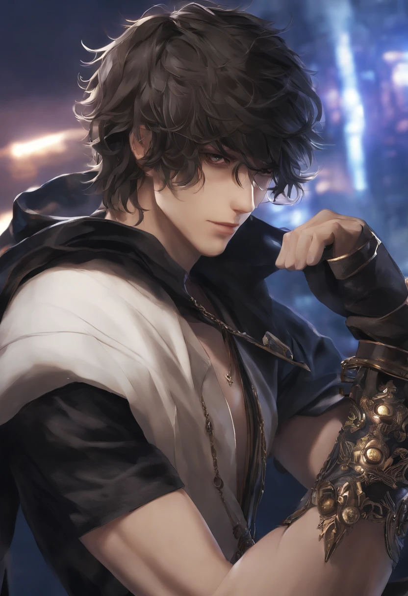 Anime male protagonist. Enigmatic and Mysterious, . Unique and original, . Unconventional and non-conformist, . Ambitious,Visionary, . elicate and refined;, . Impressive and imposing, . Composure and composure, . Serious and reserved, . Silent and reserved) hyper-detailing, high resolution, Super detail, Best quality, Amazing, Top quality, Extremely detailed Cg Unity 8K wallpaper, Cinematic lighting, Cyberpunk, Dark boy,