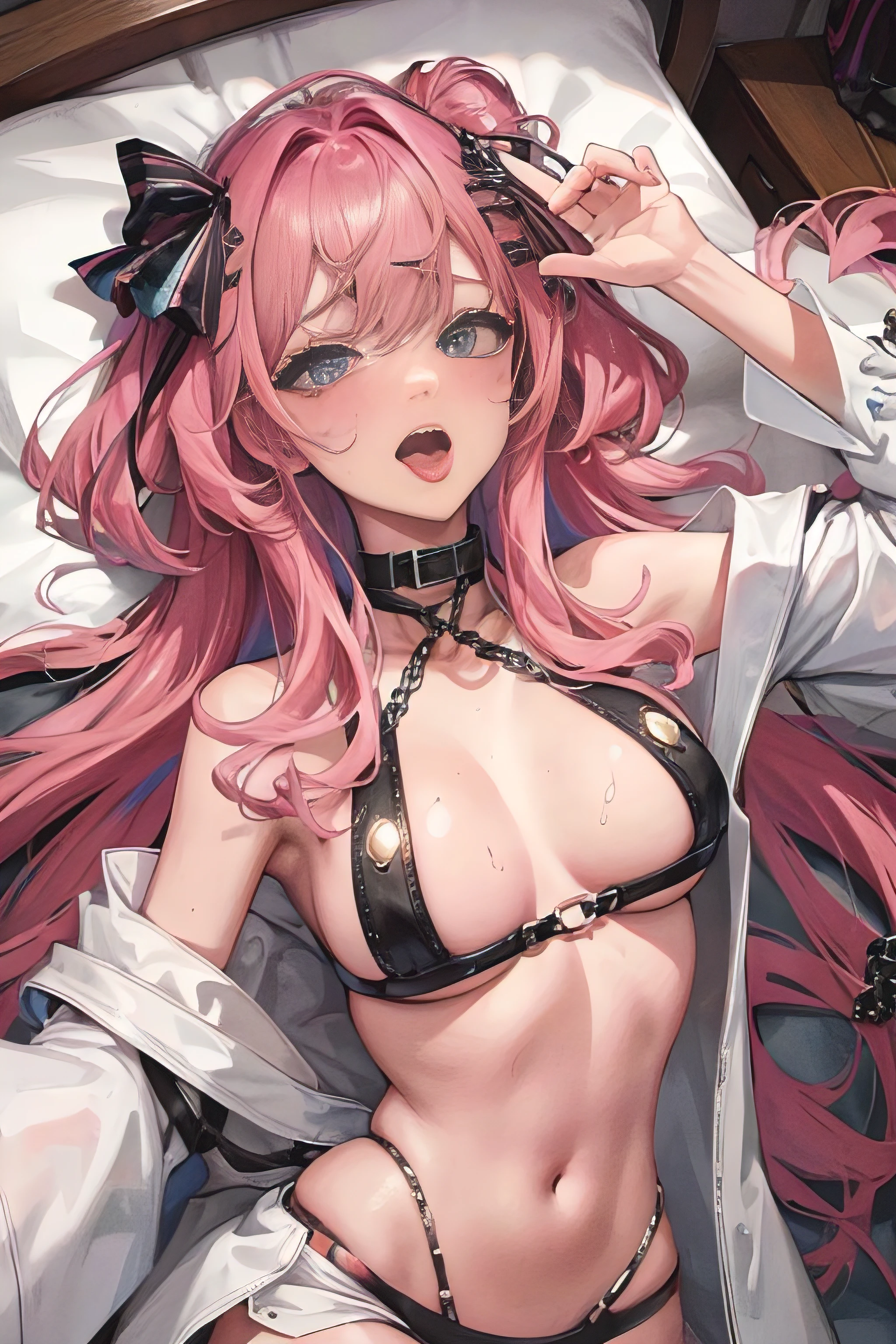 Adjust the details of the fingers，fantasy, 1 , cottage, Human, Big tits, navel, ,(Masterpiece, Best quality), sidelightning, ,Beautiful detailed eyes, Subordinate chains, Slave collar, lying on bed, Slave costumes, roll eyes, Tongue sticking out, With the tongue, crazy, Open mouth, Screaming, ahegao, rough breath, Blush, Sweat, Slave costumes, multicolored hair, Long hair