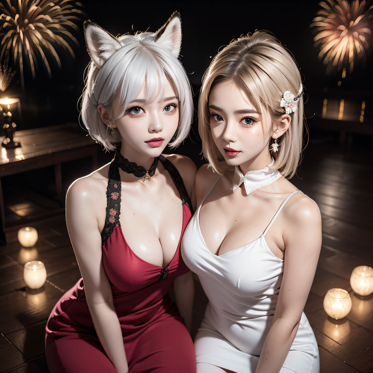 Two Miss Fox Demons，T-shirt wraps around your neck，High collar、High collar、High collar、High collar、High collar、High collar、Fox Devil Fox Years White Hair Girl，You can overlook the night view of Chang'an，Sexy and feminine，sit pose，Fluffy fox ears，fox tails，No ears，reddish tones，Gorgeous fireworks background，Pink floral maxi dress，The beauty of fox ears alone，Cover chest，Clan girls，Fox's eye，Enchanted，Charming，16 K， best qualtiy， tmasterpiece，  Raised sexy， Highly detailed face and eyes， professional make up， ，， glow blue eyes，Blue-haired girl with fox ears、Camera angle from above、Looking here、