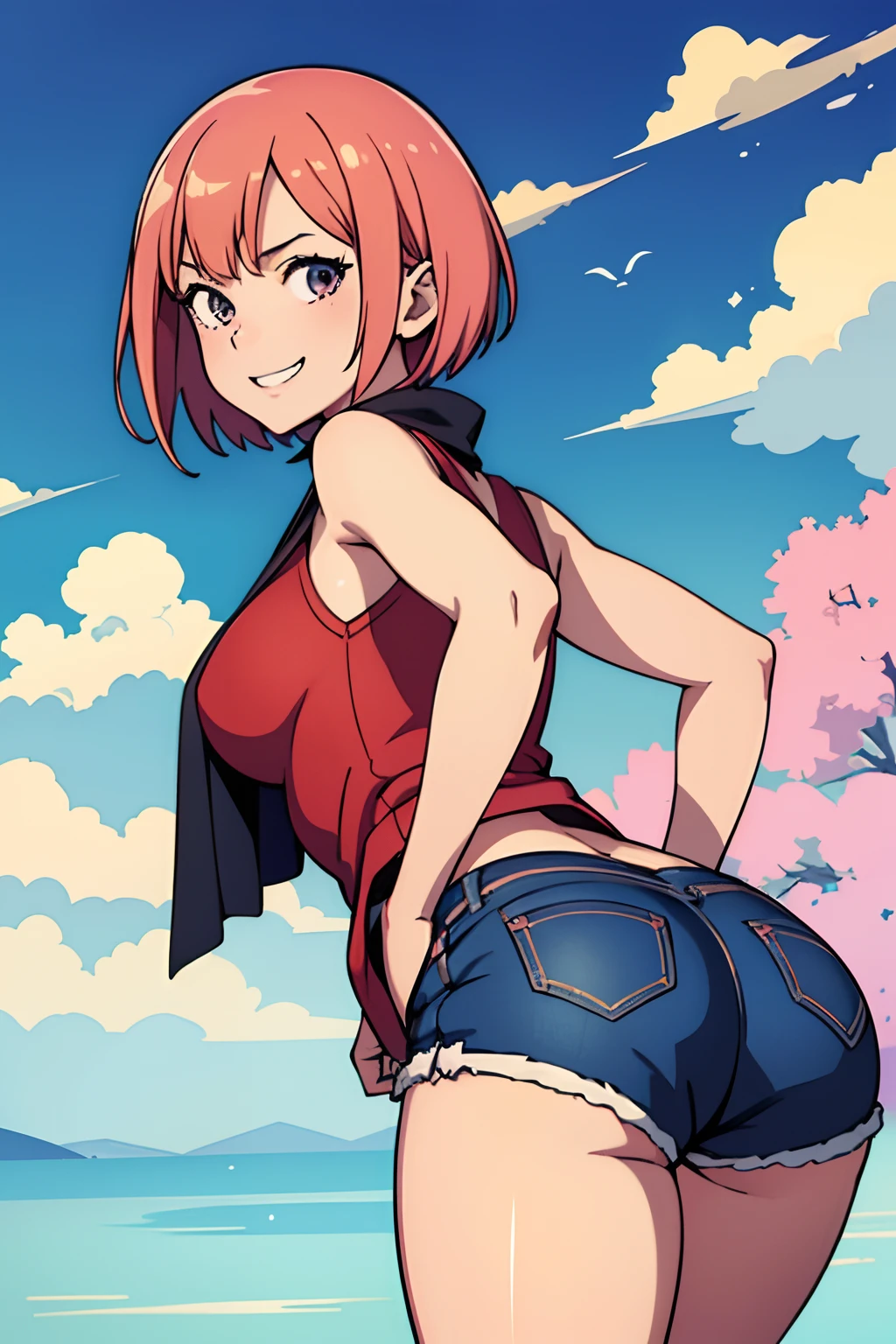absurdres, highres, BREAK looking at viewer, full body, (from front:1.5) BREAK (vivid-color:1.3) BREAK (one girl:1.3), (:1.2),red hair, blue eyes, tennis uniform, hairclip, earrings, jewelry, nm1, hair ribbon, short hair, tennis cosplay, (pleated super short skirt:1.4), (thighs:1.3), large breasts, (grin, great laughter:1.3), open mouth, (folding one's arms:1.3), (breast:1.3), round eyes, (blowing in the wind:0.5), sweat around girl, dripping sweat, (((Very pretty panties))), (sit on a bench:1.3), (knee length socks:1.3), (panties focas:1.2),(two feet:1.3), open legs, looking straight,looking at viewer, perfect panty,(emphasis on the thighs), from front ceiling, breath, pov, (shiny skin:1.1), squall (wind:1.2), sense of speed, refreshing breeze, motion blur effect, wind BREAK background
