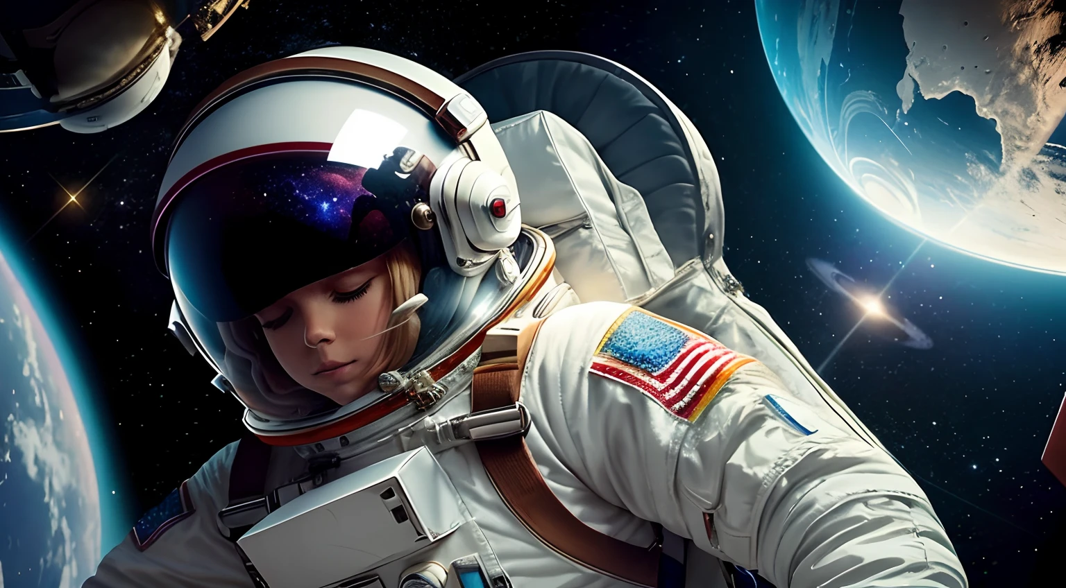 female astronaut floating in space, she has a space suit on and a space helmet, you can see her wearing headphones with the helmet on, blond hair, stars in the background are twinkling, planets in the background are rotating