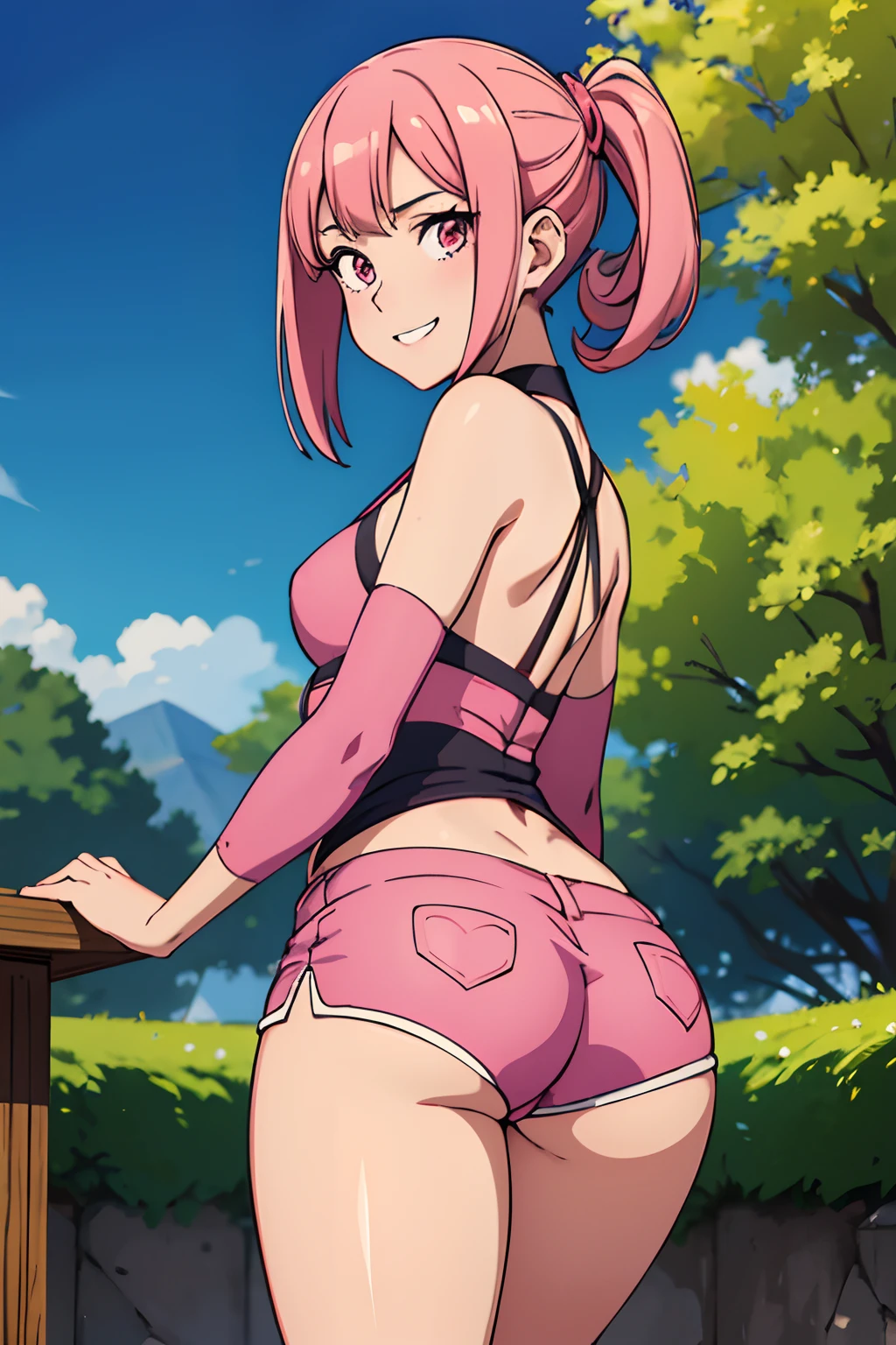 Best Quality, (masutepiece: 1.2), Detailed, Perfect face, Beautiful face, 1girl in, Pink shorts, Looking back, Ass, pantyshot,, masutepiece, Best Quality, Highly detailed , Looking at Viewer, grinning evily, (frombelow: 1.3)