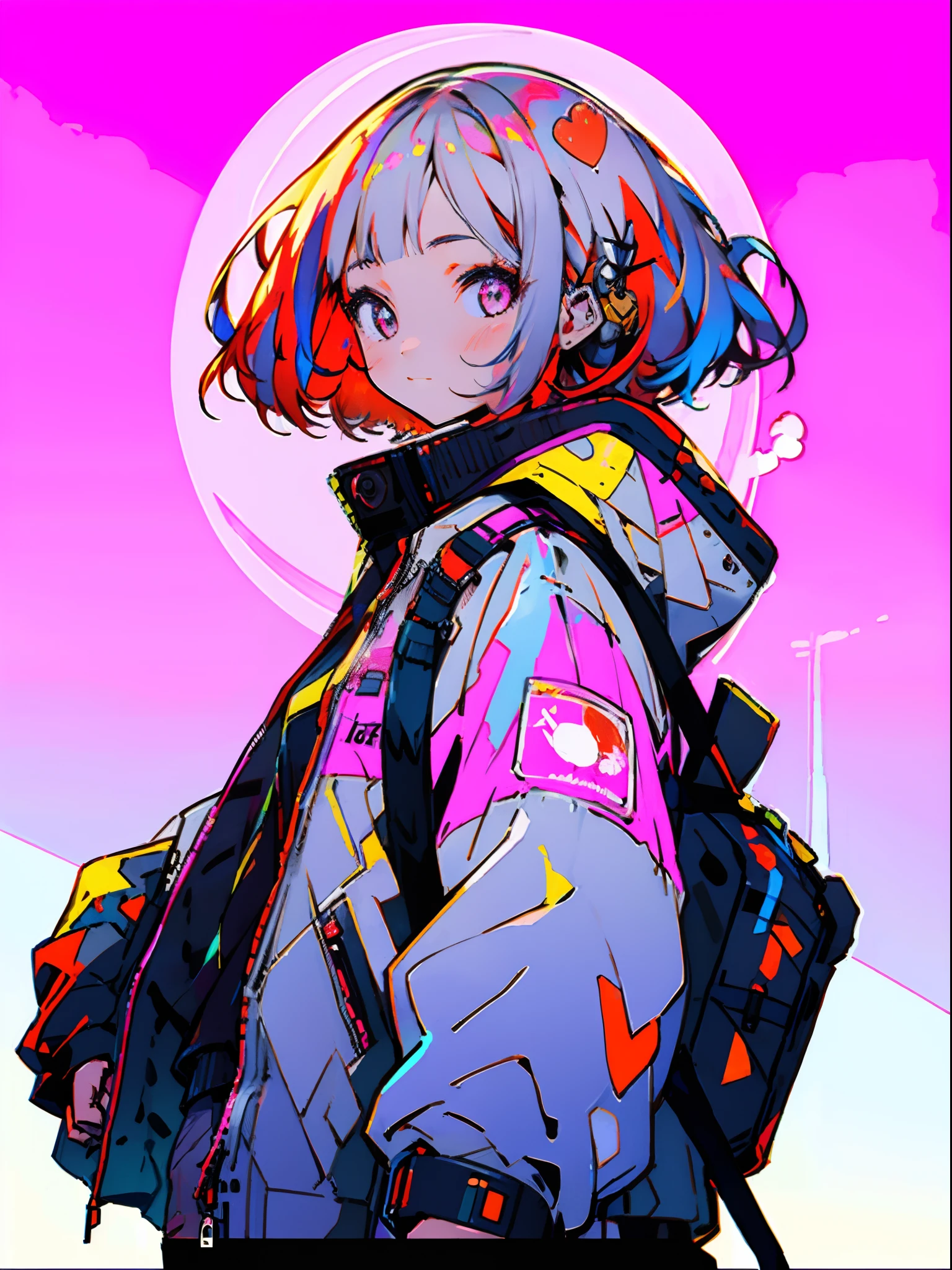 1girl in, Red hair, Pink eyes, ​masterpiece, top-quality, 1girl in, City Pop, natta, Look at another one, The upper part of the body, vector illustrations, jaket, lightsmile, bluntbangs, length hair, Lofi Art