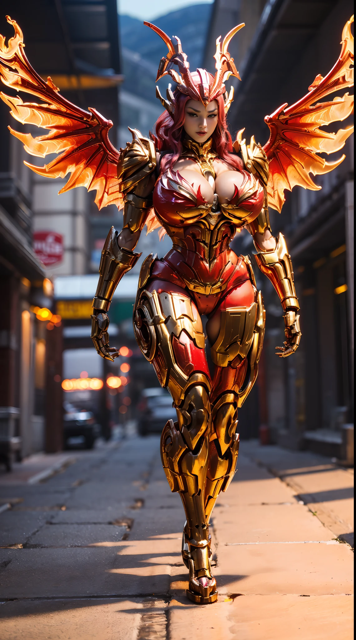 (DRAGON QUEEN HELM), HUGE FAKE BOOBS, (BEAUTIFUL FACE), (GOLD, RED), (STREET CITY BACKGROUND), (((A PAIR OF HUGE MECHANICAL WINGS SPREAD OUT))), FUTURISTIC PHOENIX MECHA BODYSUIT, (CLEAVAGE), (SKINTIGHT YOGA PANTS, HIGH HEELS:1.2), (PERFECT BODY, (FULL BODY VIEW:1.2), (LOOKING AT VIEWER), (WALKING DOWN:1), SEXY MUSCULAR BODY, MUSCLE ABS, UHD, 8K, 1080P.