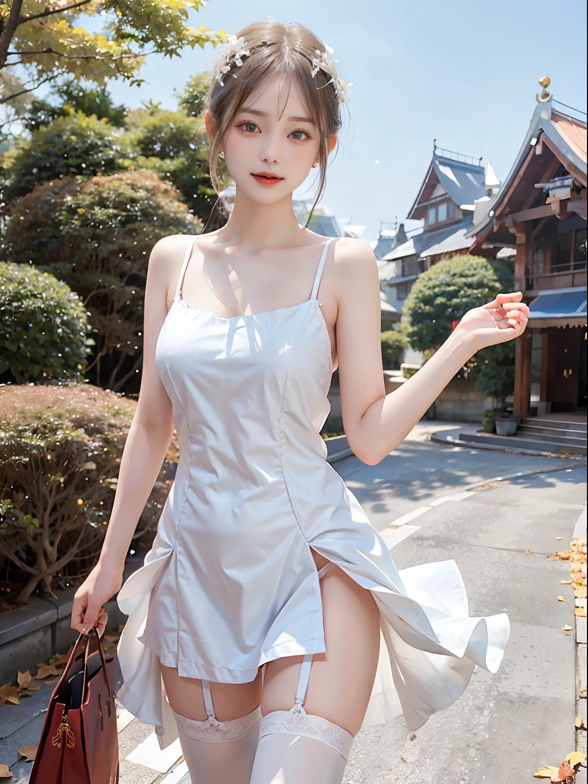 Beautiful girl with white hair and short cut blue eyes、Wearing a beautiful dress in the autumn season。Her dress is、In a nice crimson color that harmonizes with the shades of autumn、In harmony with hair swaying in the wind。The dress complements her attractive body.、It perfectly depicts her enjoying the autumn sunshine。She loves the beauty of nature、Against the background of autumn scenery、Standing up as a beautiful girl with confidence and charm。