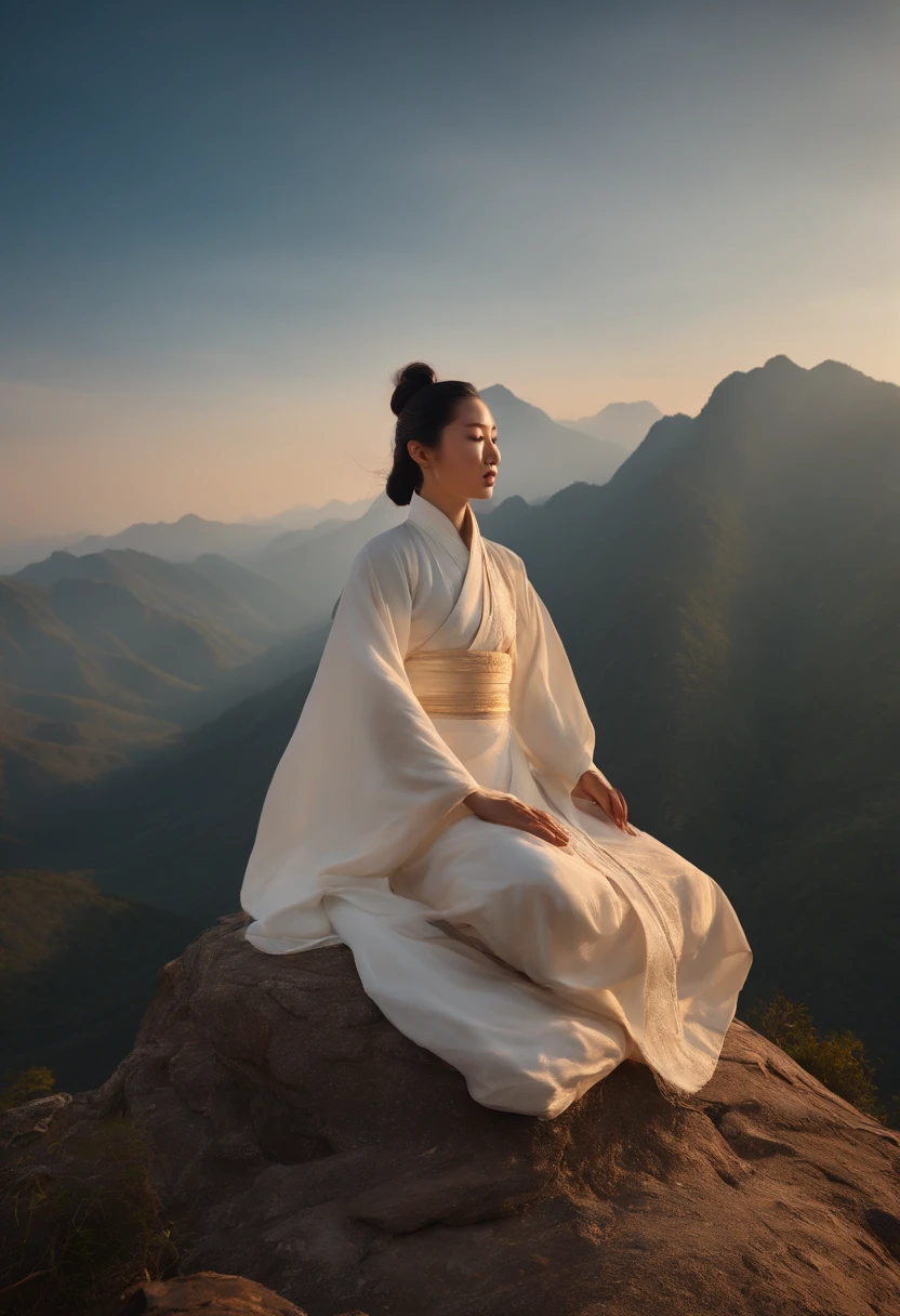 Antique white clothes，Chinese woman meditating on the top of a mountain,,sunraise, Pubic area is clear