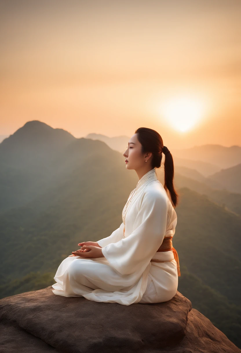 Antique white clothes,Chinese woman meditating on the top of a mountain,,sunraise, Pubic area is clear