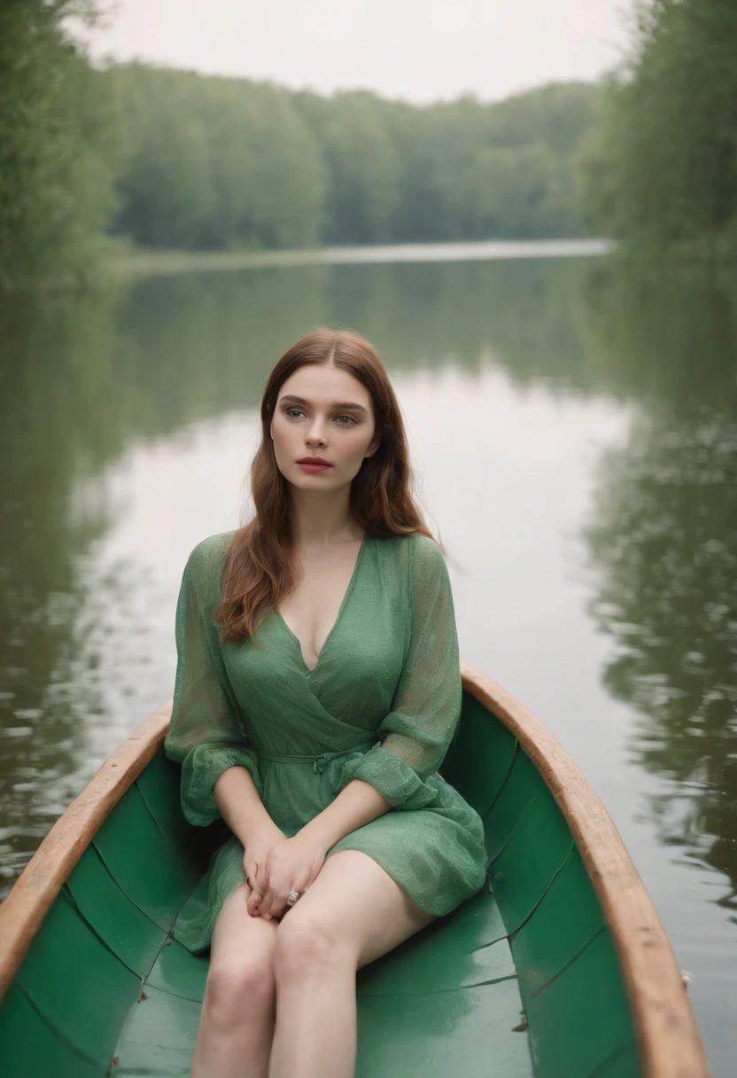 Woman in a green boat sailing on the lake, Sinks, It's like it's drowning, floating in the water, floating drowned, Lying on a lily cushion, Swimming Solo, Stay, in a pond, based on William Stott, anna nikonova, Floating away, Ophelia, by Igor Grabar, inspired by Anka Zhuravleva, Sleeping, portrait shot
