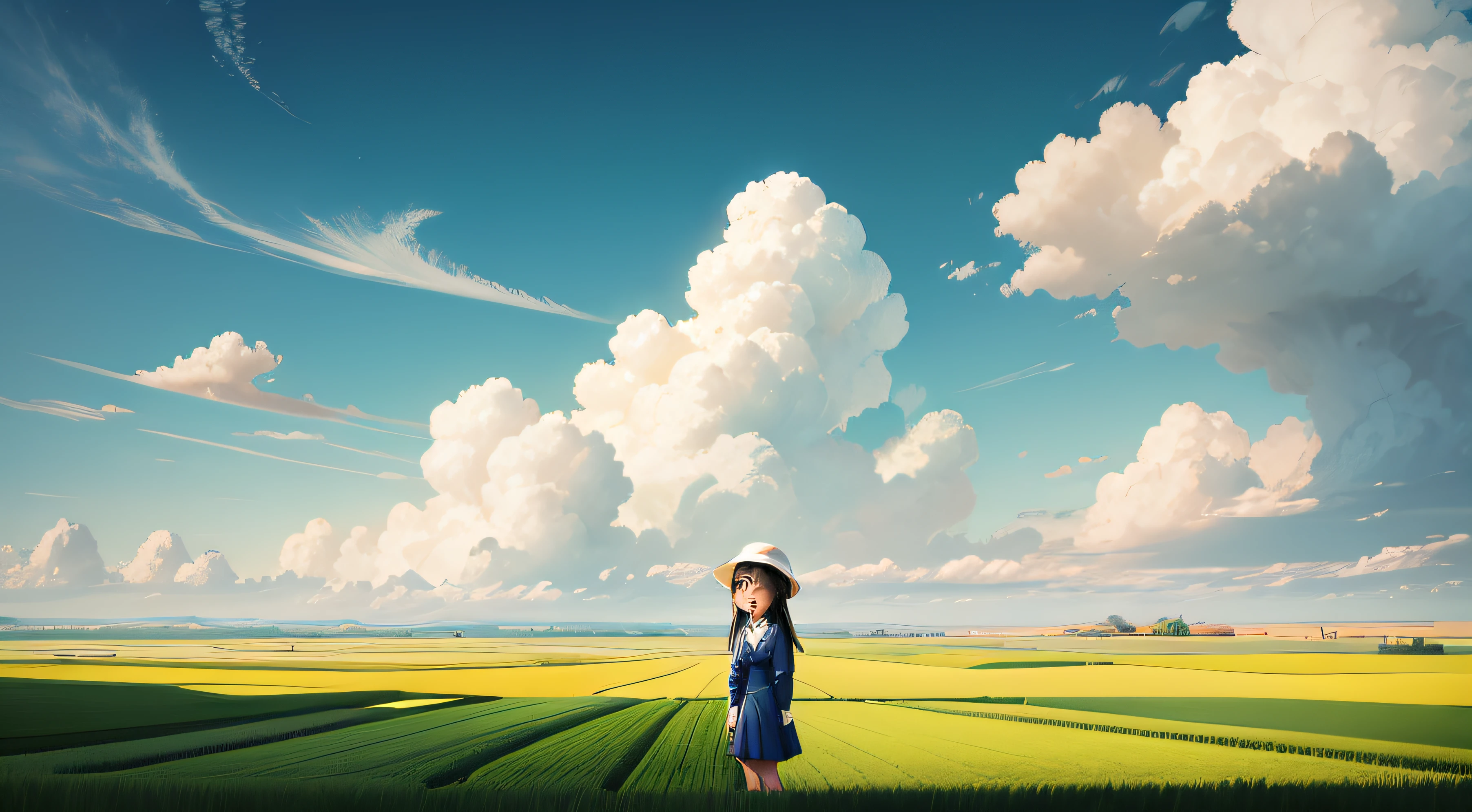 Green wheat fields, with blue sky and white clouds, Cute little Chinese girl, Realisticstyle, Surrealism, Minimalism