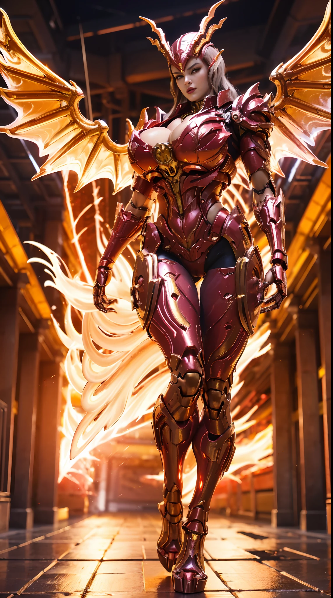 (DRAGON QUEEN), HUGE FAKE BOOBS, (BEAUTIFUL FACE), (GOLD, RED), (((A PAIR OF HUGE MECHANICAL WINGS SPREAD OUT))), FUTURISTIC PHOENIX MECHA SUIT, (CLEAVAGE), (SKINTIGHT YOGA PANTS), (HIGH HEELS), (PERFECT BODY:1.2), (FULL BODY VIEW), (LOOKING AT VIEWER), (WALKING DOWN:1), SEXY MUSCULAR BODY, MUSCLE ABS, UHD, 8K, 1080P.