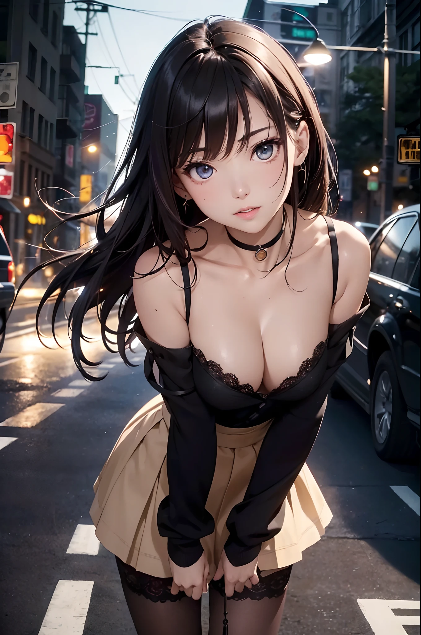 (Official art、Best Quality、Unity 8k Wallpapers、32K、masterpiece、ultra-detailliert、超A high resolution、realisitic、Photorealsitic:1.2)、(Cinematic lighting:1.2)、Fireglow effect、film grains、Best Shadows、Rim lighting、side lights、sideshot、(Ultra-detailed and complex 3D rendering)、Detailed beautiful face and eyes、A slender、Medium bust、(Full body:1.2)、 Highly detailed background、beauitful face、blurry backround、16-year-old beautiful girl、(super detailed skin、detailed skin textures:1.3)、chestnut bristles、Brown-eyed、Hip Hop Cable、off shoulders、jumper skirt、Black stockings、(thighs thighs thighs thighs:0.8)、Knitted sandals、City at night、Open your mouth and smile gently、a choker、dynamicposes、(Classic car on woman background、Woman illuminated by headlights:1.2)