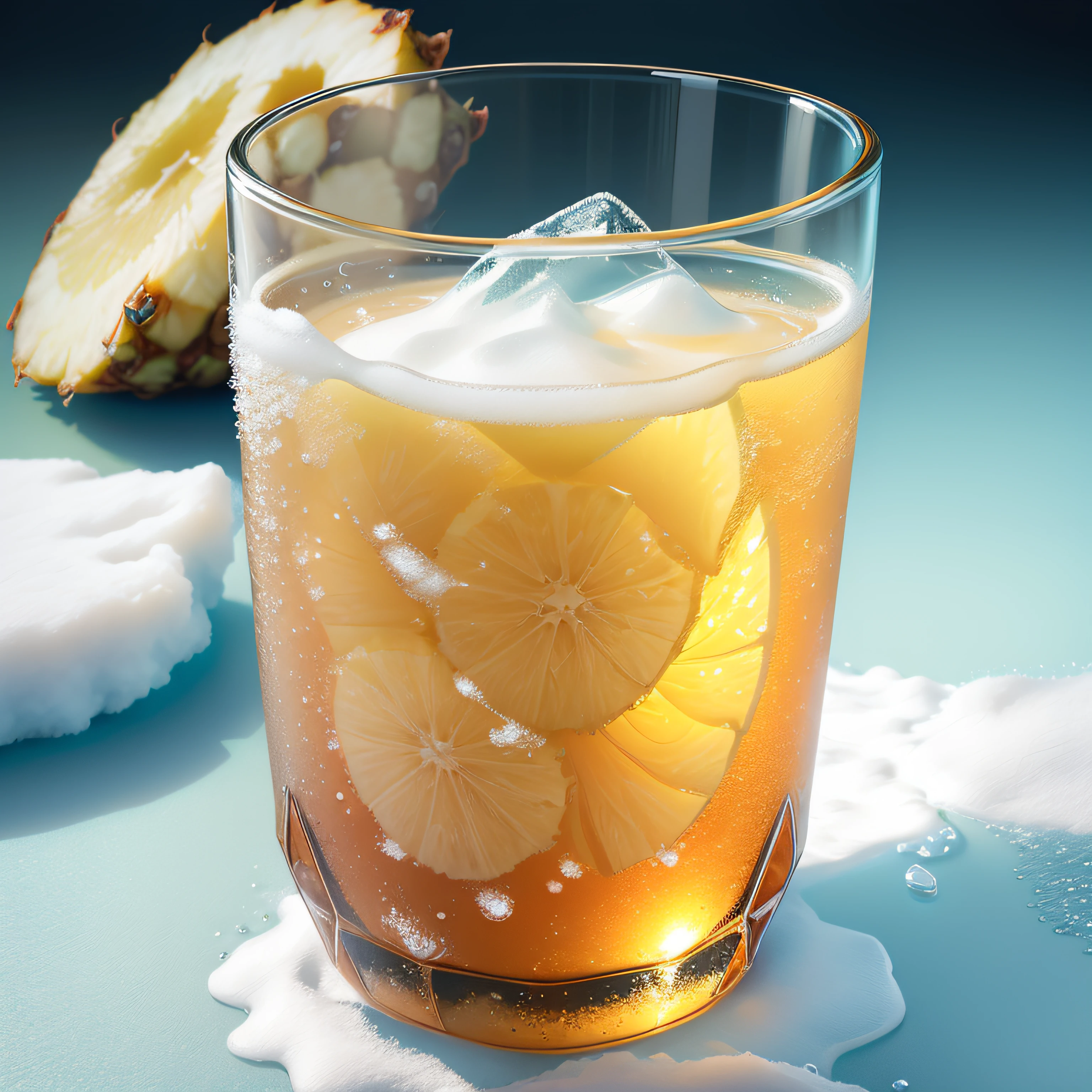 a glass of pineapple soda,((a single glass)) (frosted glass with snow), (8k, RAW photo, best quality, masterpiece:1.2), (realistic, photorealistic:1.37)