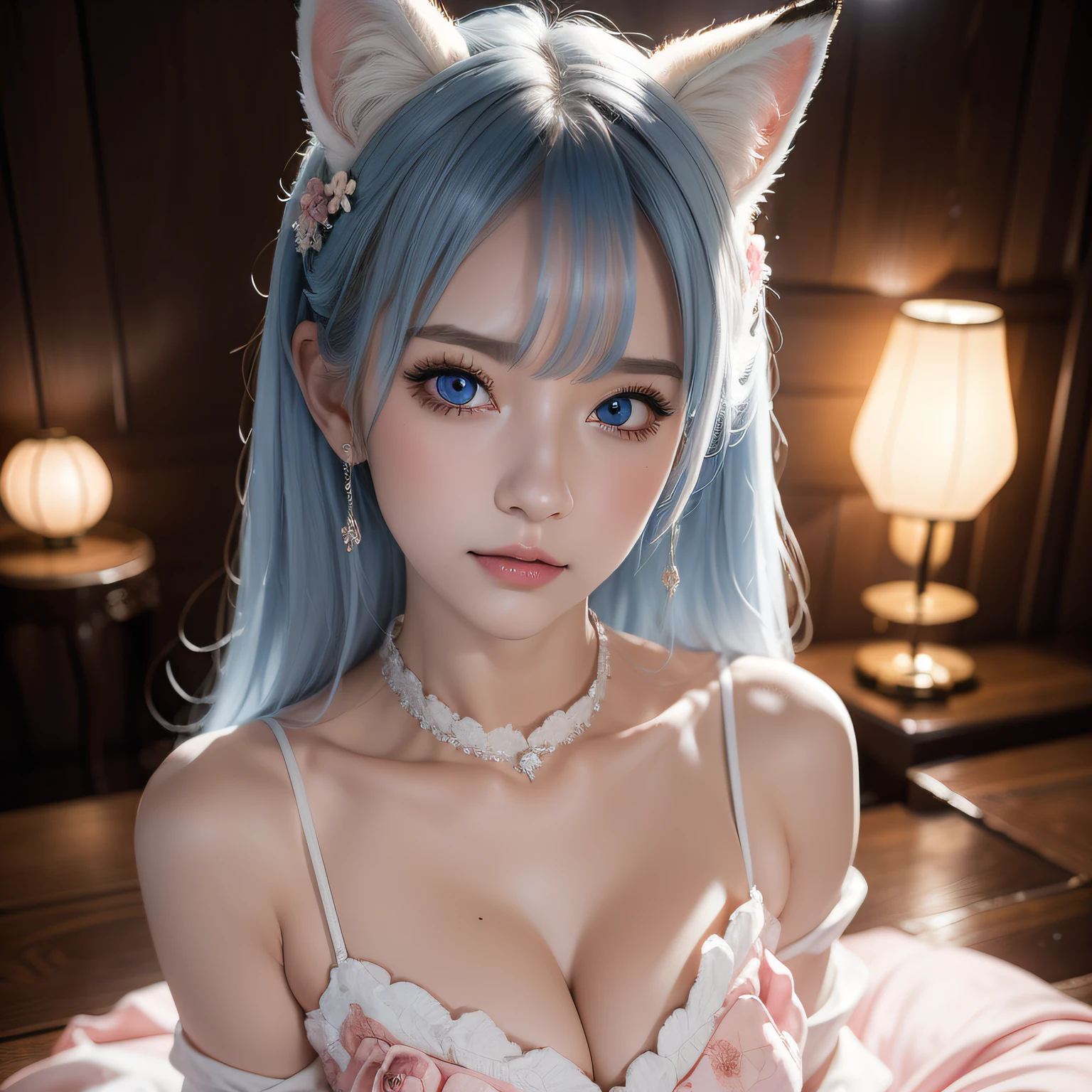 Two Miss Fox Demons,T-shirt wraps around your neck,High collar、High collar、High collar、High collar、High collar、High collar、Fox Devil Fox Years White Hair Girl,You can overlook the night view of Chang'an,Sexy and feminine,sit pose,Fluffy fox ears,fox tails,No ears,reddish tones,Gorgeous fireworks background,Pink floral maxi dress,The beauty of fox ears alone,Cover chest,Clan girls,Fox's eye,Enchanted,Charming, K, best qualtiy, tmasterpiece, Raised sexy, Highly detailed face and eyes, professional make up, ,, glow blue eyes,Blue-haired girl with fox ears、Camera angle from above、Looking here、