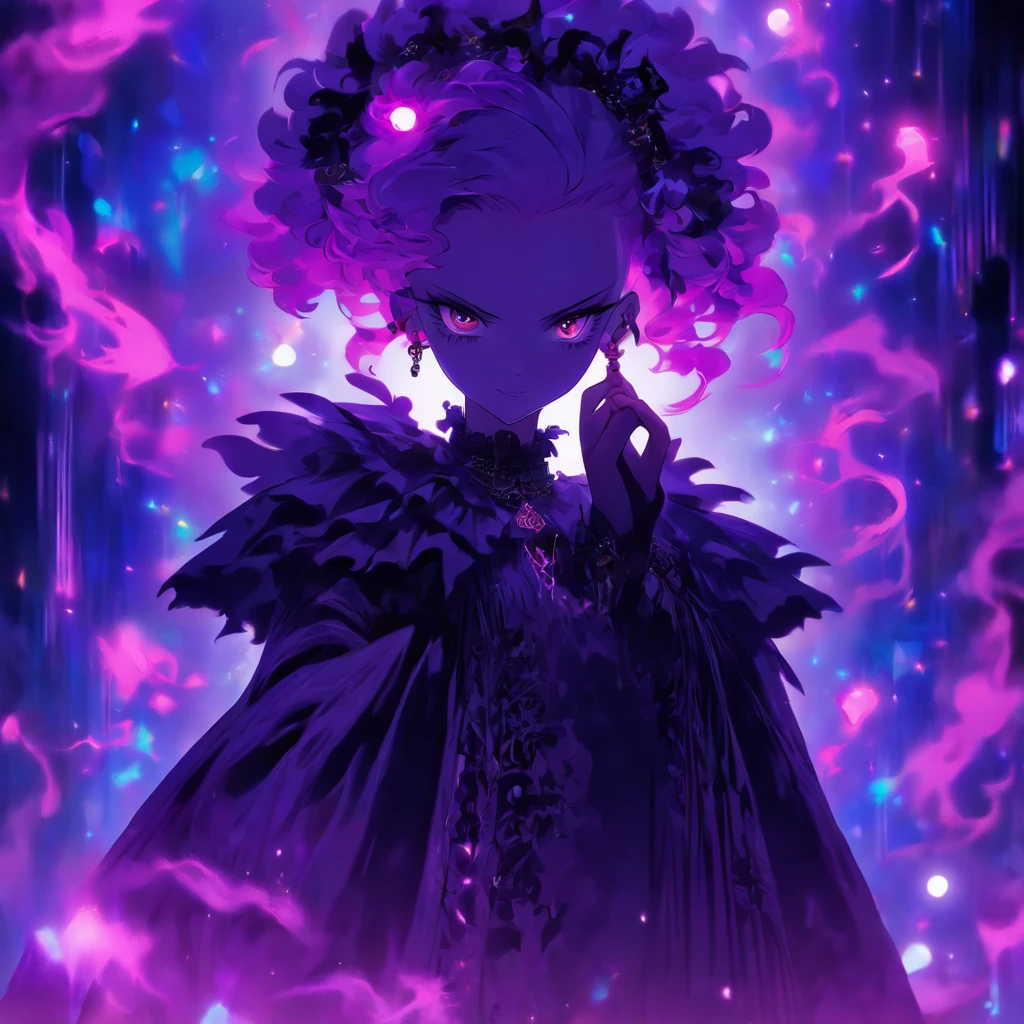 androgynous male Gothic lolita with purple shaved head, casting glowing soul spells while wearing lolita dress