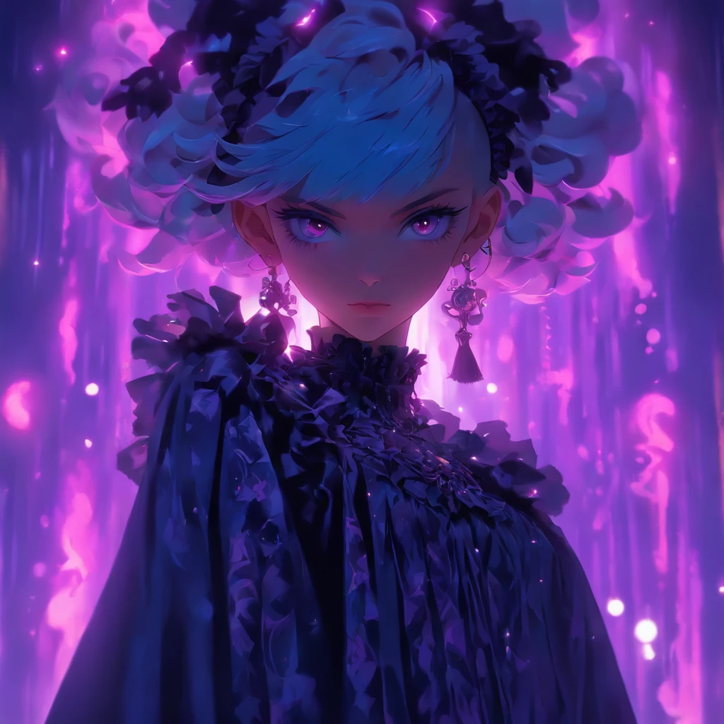androgynous male Gothic lolita with purple shaved head, casting glowing soul spells while wearing lolita dress