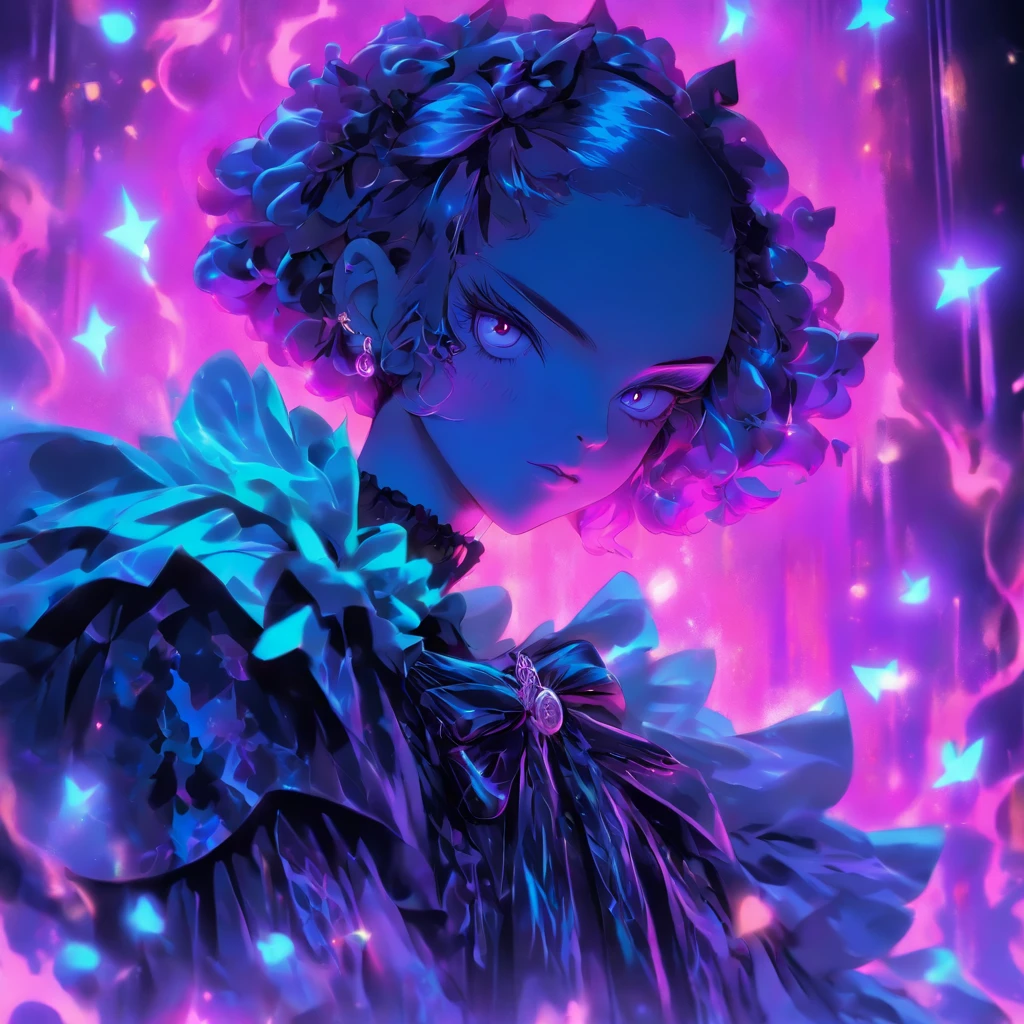 androgynous male Gothic lolita with purple shaved head, casting glowing soul spells while wearing lolita dress