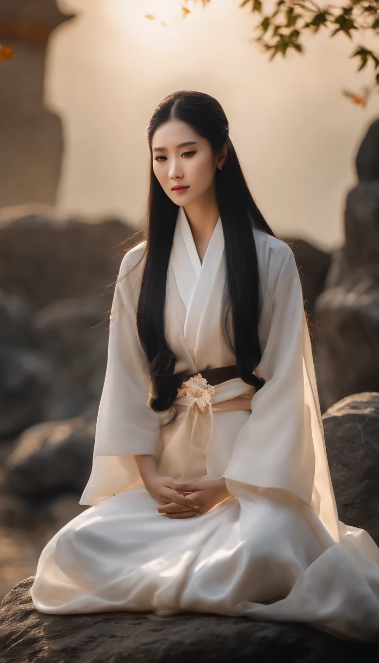 Close-up of a young Chinese Taoist female leader sitting on a stone,long whitr hair,,Meditation cross-legged,Daoism, wearing gorgeous robes,magic aura,Taoist master,Taoist,at centre,staring right into camera,Very bright colors, Light particles, with light glowing, , wallpaper art, UHD wallpaper