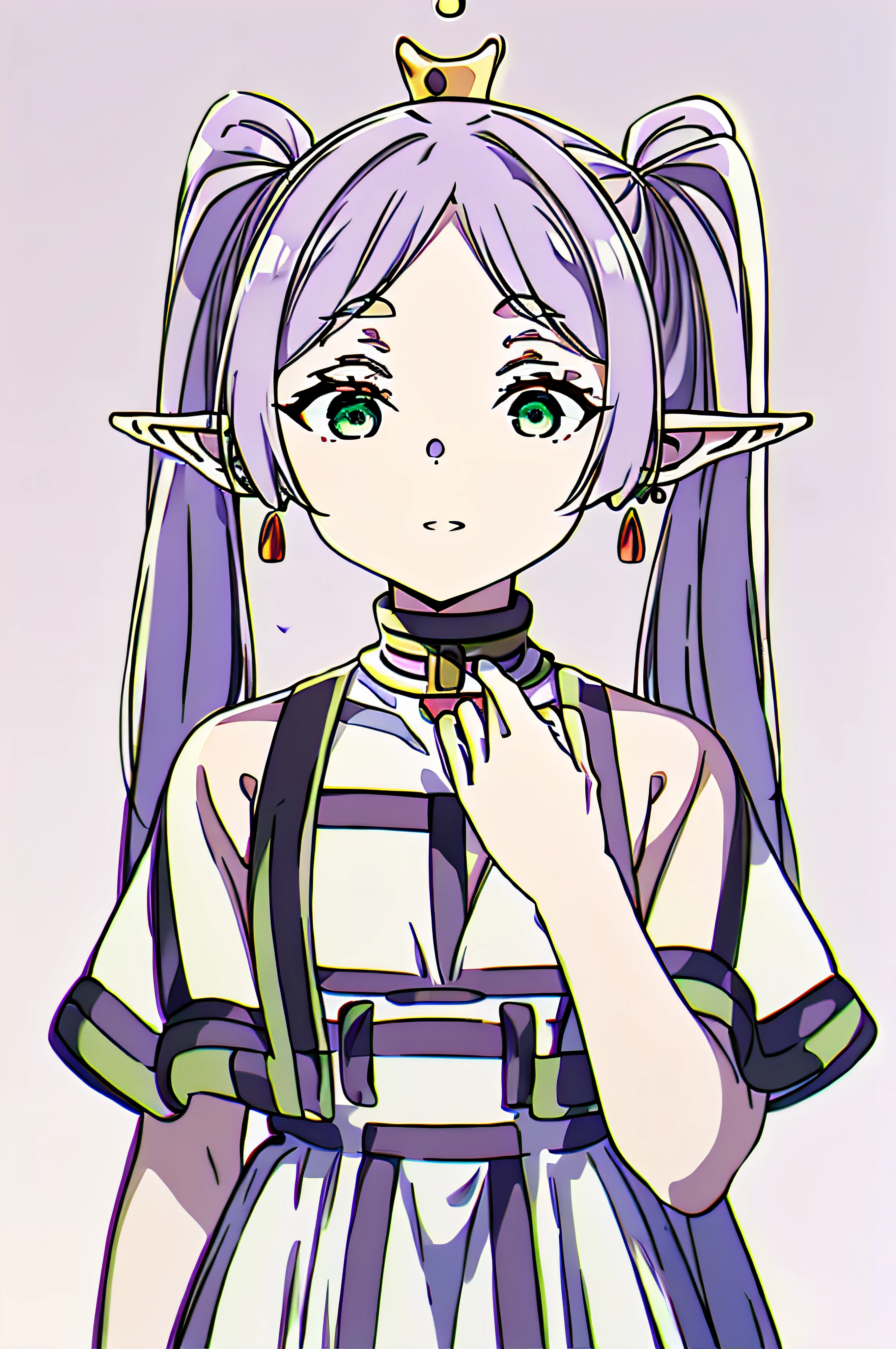 (best quality, masterpiece, highres), 1girl, solo, ((Frieren)), elven ears, green eyes, light purple hair, ((twintails)), white mage dress, straight-on, upper body, hand to own mouth, ((okawaii koto)), red background