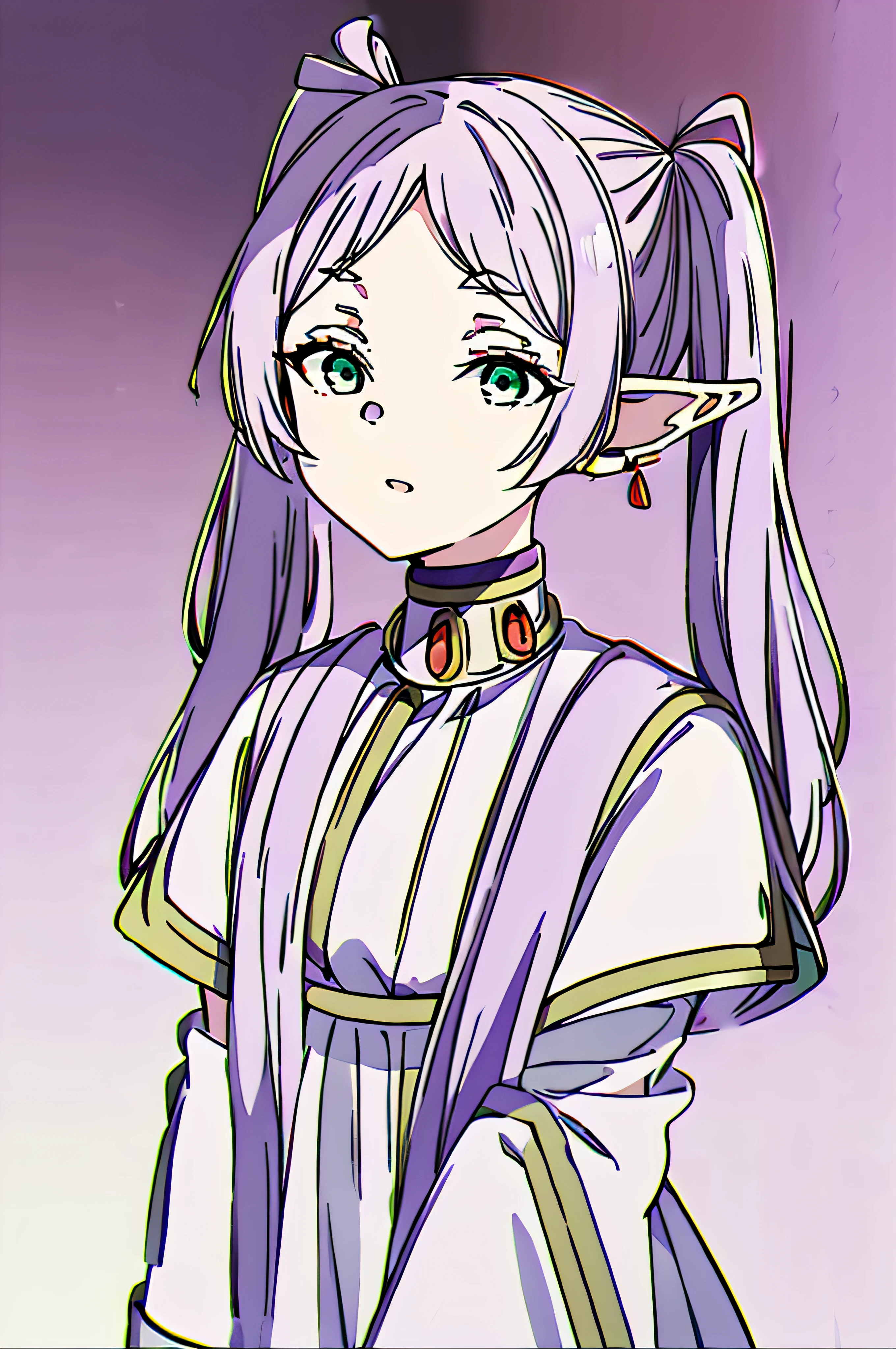 (best quality, masterpiece, highres), 1girl, solo, ((Frieren)), elven ears, green eyes, light purple hair, ((twintails)), white mage dress, straight-on, upper body, hand to own mouth, ((okawaii koto)), red background