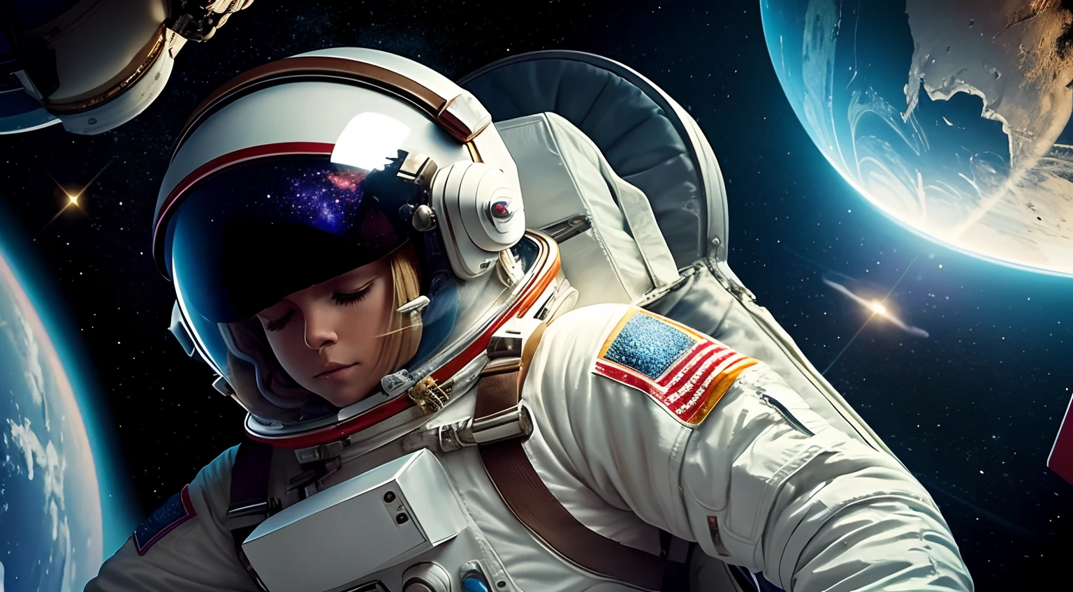 female astronaut floating in space, she has a space suit on and a space helmet, you can see her wearing headphones with the helmet on, blond hair, stars in the background are twinkling, planets in the background are rotating