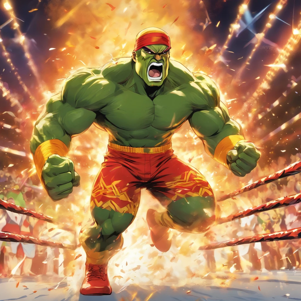 (highres,realistic:1.2),professional wrestler Hulk Hogan,ripped muscles,sweating profusely,intense expression,fierce determination,bulging veins,signature blond mustache and hair,bright red and yellow wrestling attire,defending the championship belt,mid-air jump from the ropes,packed stadium crowd cheering,vivid colors,dynamic action,high-energy match,spotlight illuminating the ring,explosive power and athleticism,Hogan's famous finishing move "Atomic Leg Drop",dramatic camera angles,electric atmosphere