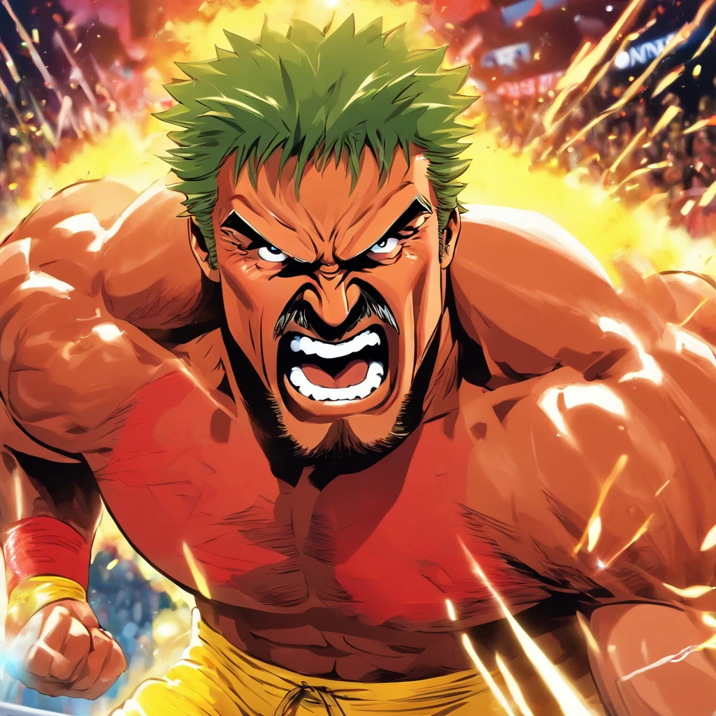 (highres,realistic:1.2),professional wrestler Hulk Hogan,ripped muscles,sweating profusely,intense expression,fierce determination,bulging veins,signature blond mustache and hair,bright red and yellow wrestling attire,defending the championship belt,mid-air jump from the ropes,packed stadium crowd cheering,vivid colors,dynamic action,high-energy match,spotlight illuminating the ring,explosive power and athleticism,Hogan's famous finishing move "Atomic Leg Drop",dramatic camera angles,electric atmosphere