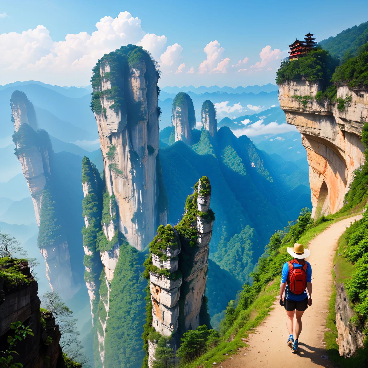 The tour guide faces the guide,The backs of 5 visitors,Restore the truth,Zhangjiajie natural scenery