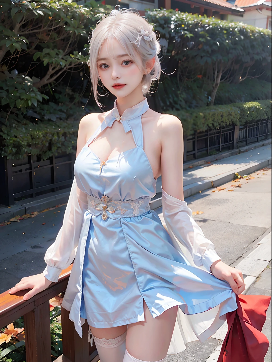 Beautiful girl with white hair and short cut blue eyes、Wearing a beautiful dress in the autumn season。Her dress is、In a nice crimson color that harmonizes with the shades of autumn、In harmony with hair swaying in the wind。The dress complements her attractive body.、It perfectly depicts her enjoying the autumn sunshine。She loves the beauty of nature、Against the background of autumn scenery、Standing up as a beautiful girl with confidence and charm。