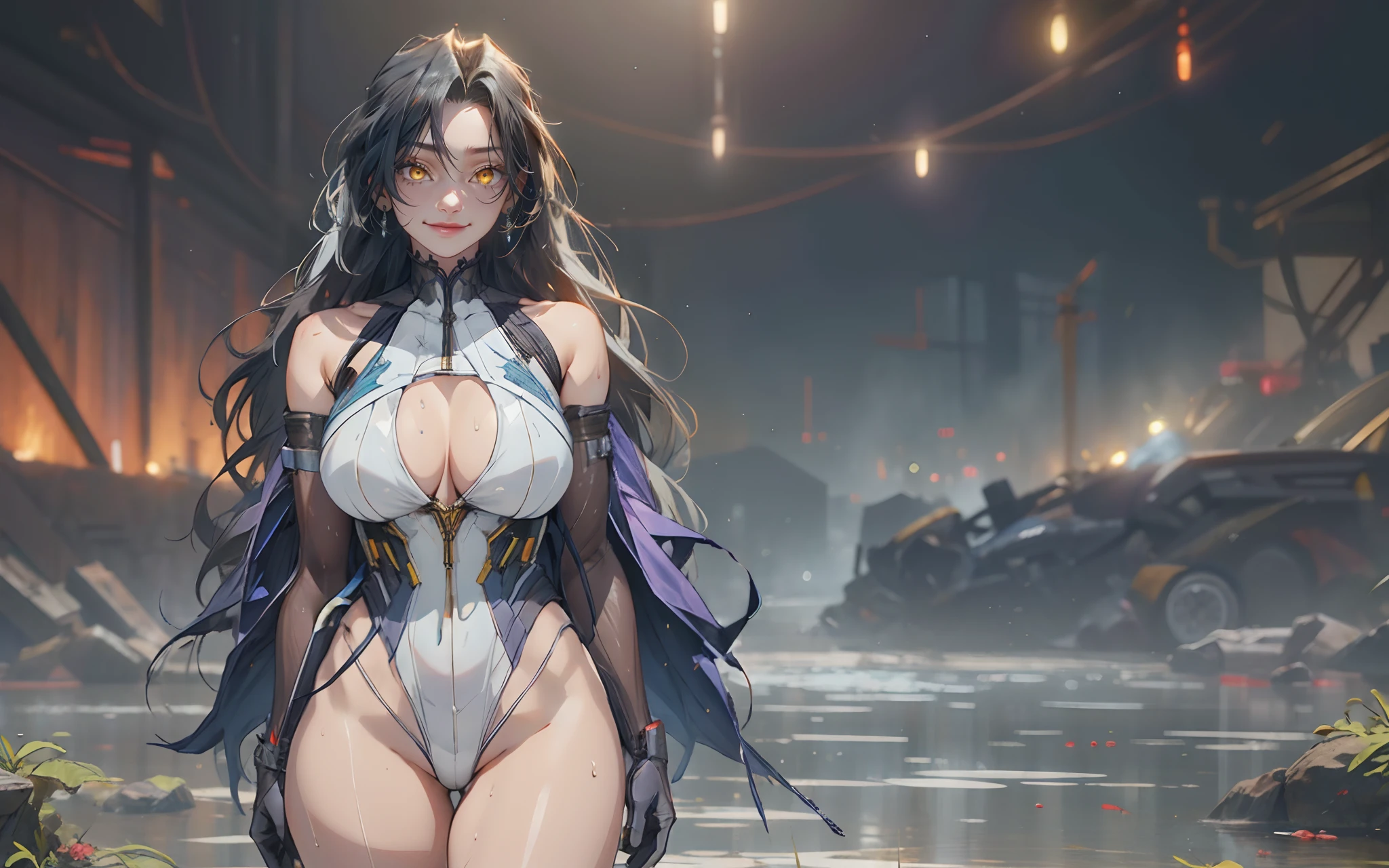 (long hair, black hair:1.7), yellow eyes, glowing eyes, masterpiece, best quality, (highres:1.4), (sagging breasts:1.4), hollow eyes, sweating, smirk, upper teeth, looking at viewer, breasts, 1girl, leotard, looking_at_viewer, bare_shoulders, highleg, highleg_leotard, gloves, large_breasts, solo, wet, glow effects, godrays, Hand drawn, render, 8k, octane render, cinema 4d, blender, dark, atmospheric 4k ultra detailed, cinematic, Sharp focus, big depth of field, Masterpiece, colors, 3d octane render, 4k, concept art, trending on artstation, hyperrealistic, Vivid colors, extremely detailed CG unity 8k wallpaper, trending on CGSociety, Intricate, High Detail, dramatic,