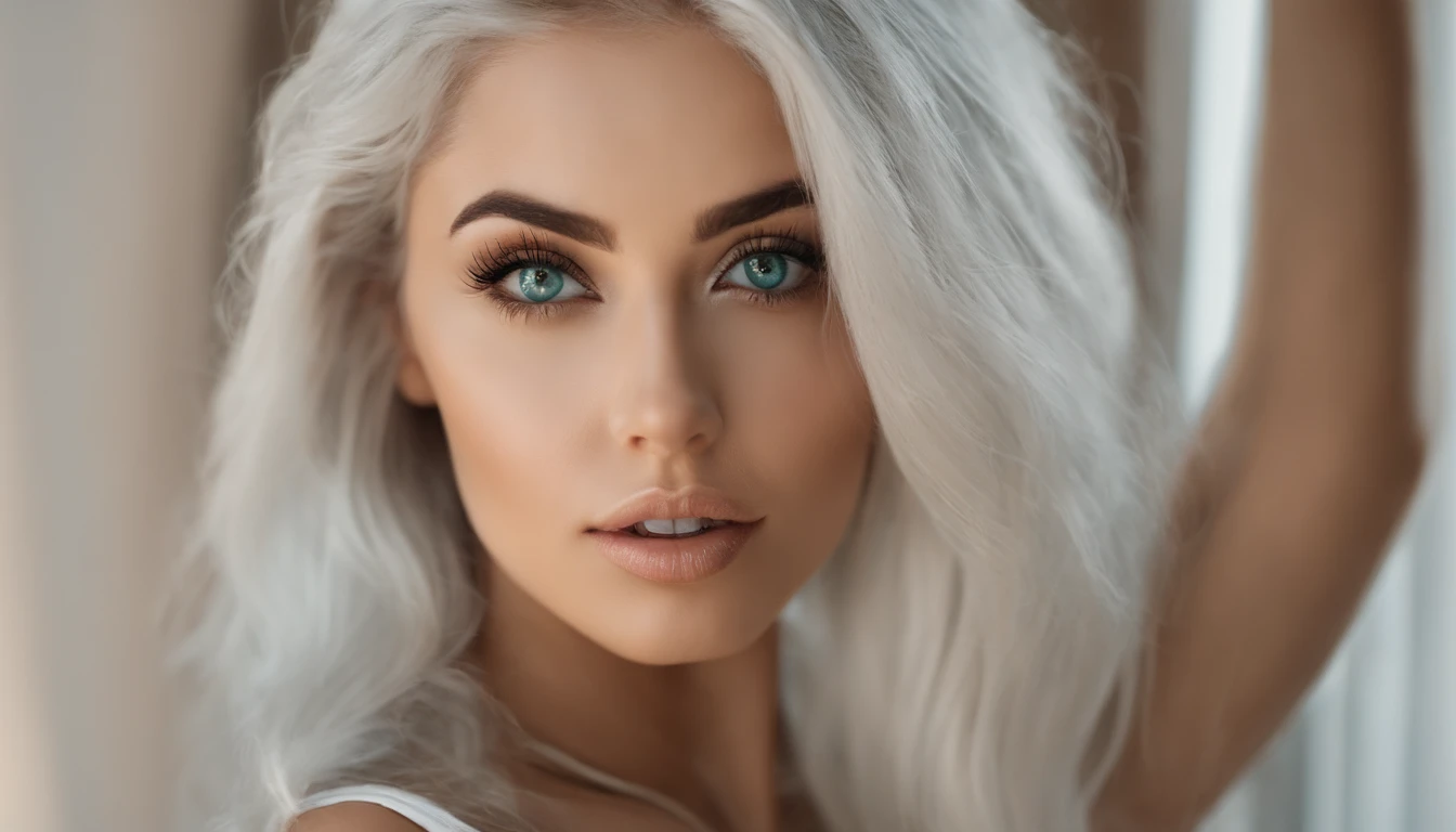 Woman in white tank top and ripped jeans, Sexy girl with green eyes, Portrait of Sophie Mudd, (Big Eyes:1.2 ), (Subtle turquoise eyes), (Voluminous white hair:1.5), (Silver-haired hair), (large eyes), (Silver-haired hair), (large eyes), (Silver-haired hair), (large eyes), Selfie of a young woman, without makeup, natural makeup, Straight Looking at the Camera, Faces with artgrams, Subtle makeup, Amazing full-body shots, Pierced green eyes, Beautiful angles, attractive pose, Cute Girl, Sexy Pose, full body photograph, s whole body, full body shooting, Brunette Goddess, High Detail, Satisfying pose