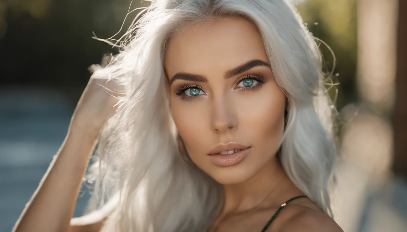 Woman in white tank top and ripped jeans, Sexy girl with green eyes, Portrait of Sophie Mudd, (Big Eyes:1.2 ), (Subtle turquoise eyes), (Voluminous white hair:1.5), (Silver-haired hair), (large eyes), (Silver-haired hair), (large eyes), (Silver-haired hair), (large eyes), Selfie of a young woman, without makeup, natural makeup, Straight Looking at the Camera, Faces with artgrams, Subtle makeup, Amazing full-body shots, Pierced green eyes, Beautiful angles, attractive pose, Cute Girl, Sexy Pose, full body photograph, s whole body, full body shooting, Brunette Goddess, High Detail, Satisfying pose