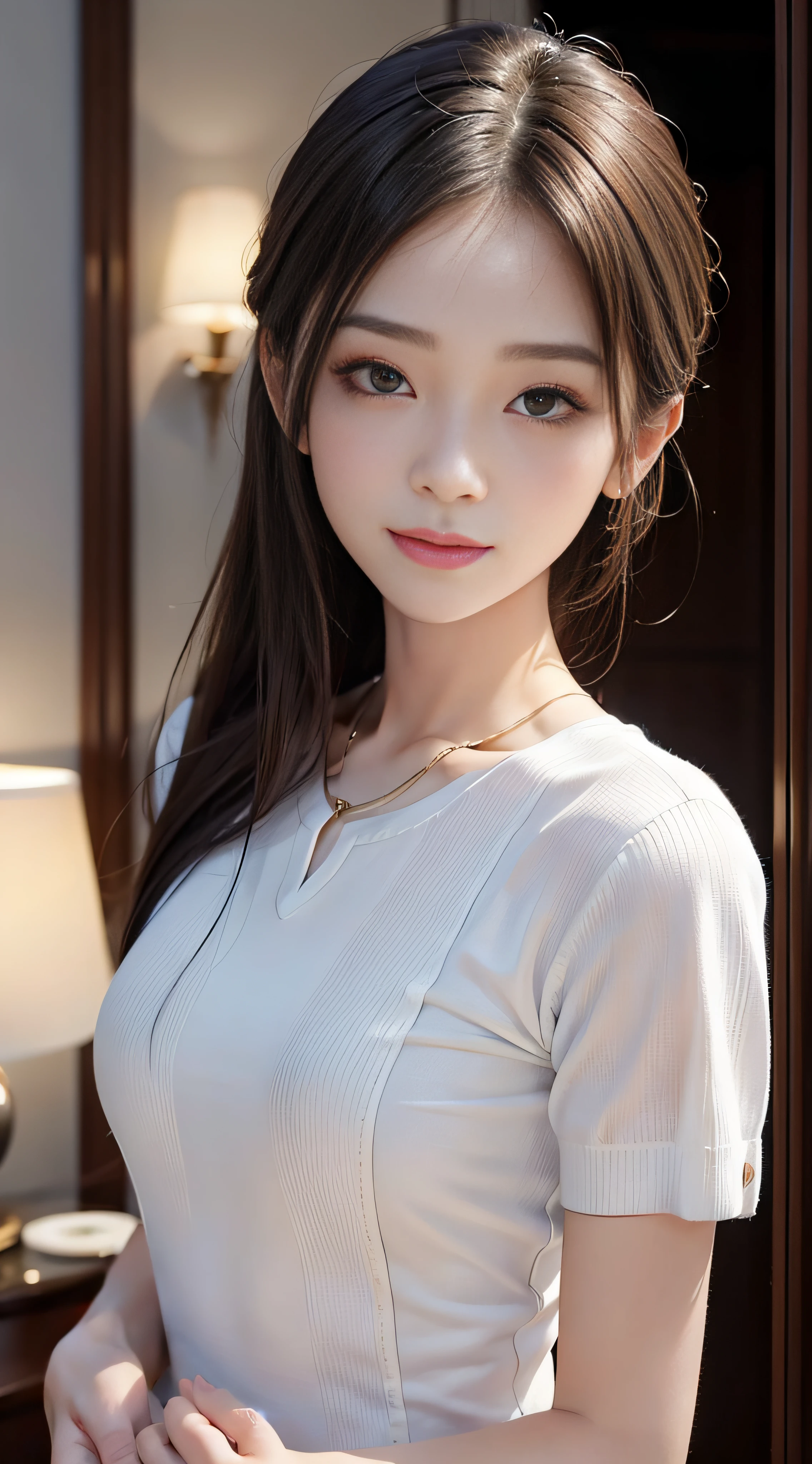 , 1girl in, Extremely cute, Amazing face and eyes, (Beautiful lovely smile), (extremely detailed beautiful face), bright and shiny lips, Super beautiful, (unbuttoned sheer School blouse:1.3), (Best Quality:1.4), (hyper quality), (Ultra-detailed), (Hyper-realistic, Photorealsitic:1.37), Authentic skin texture, Highly detailed CG integrated 8k wallpapers, RAW Photos, professional photograpy, Cinematic lighting,
