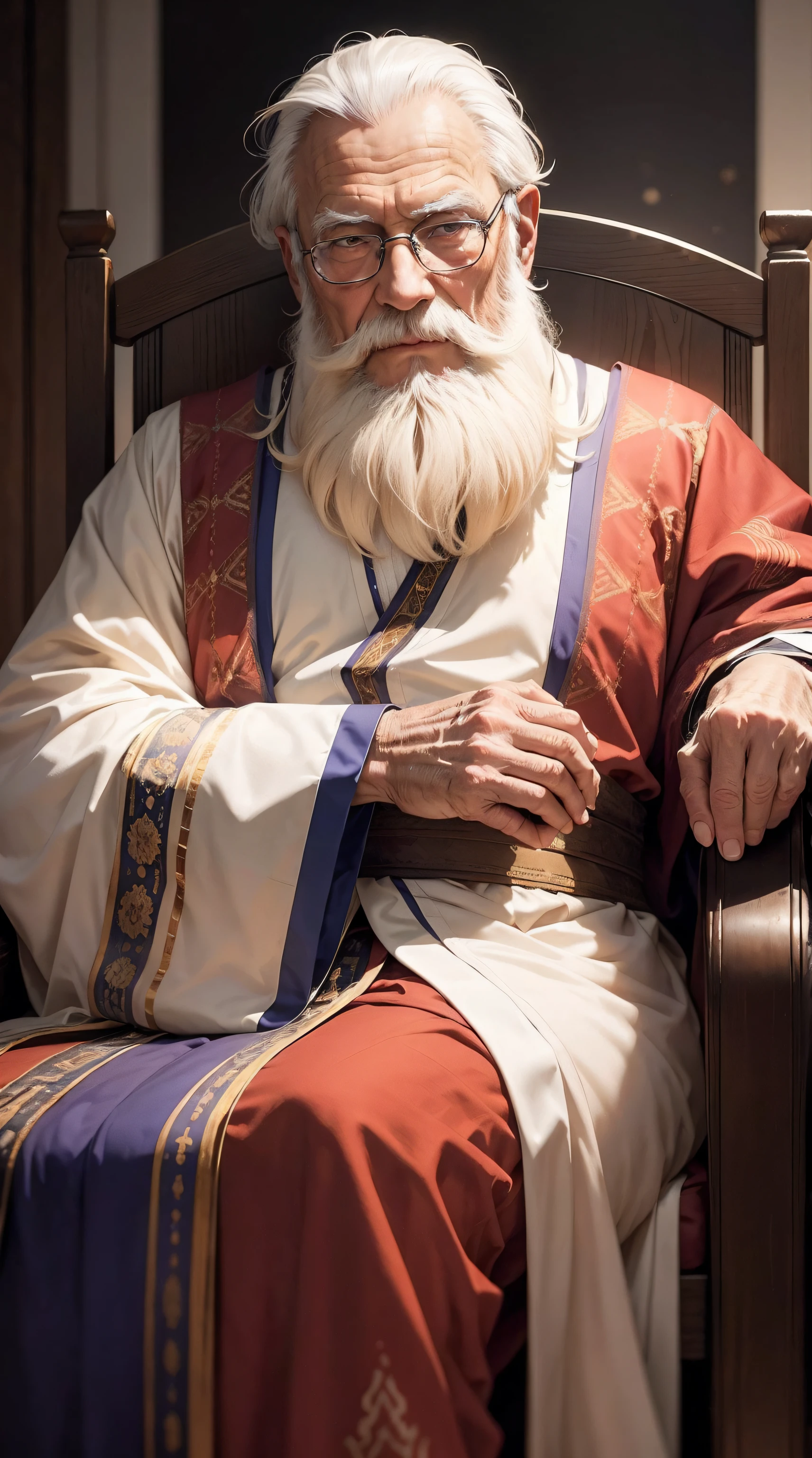 a wise and elderly man with a short white beard, wearing traditional robes, sitting in a chair, with one hand resting out of view, and looking directly at the camera with a serene expression