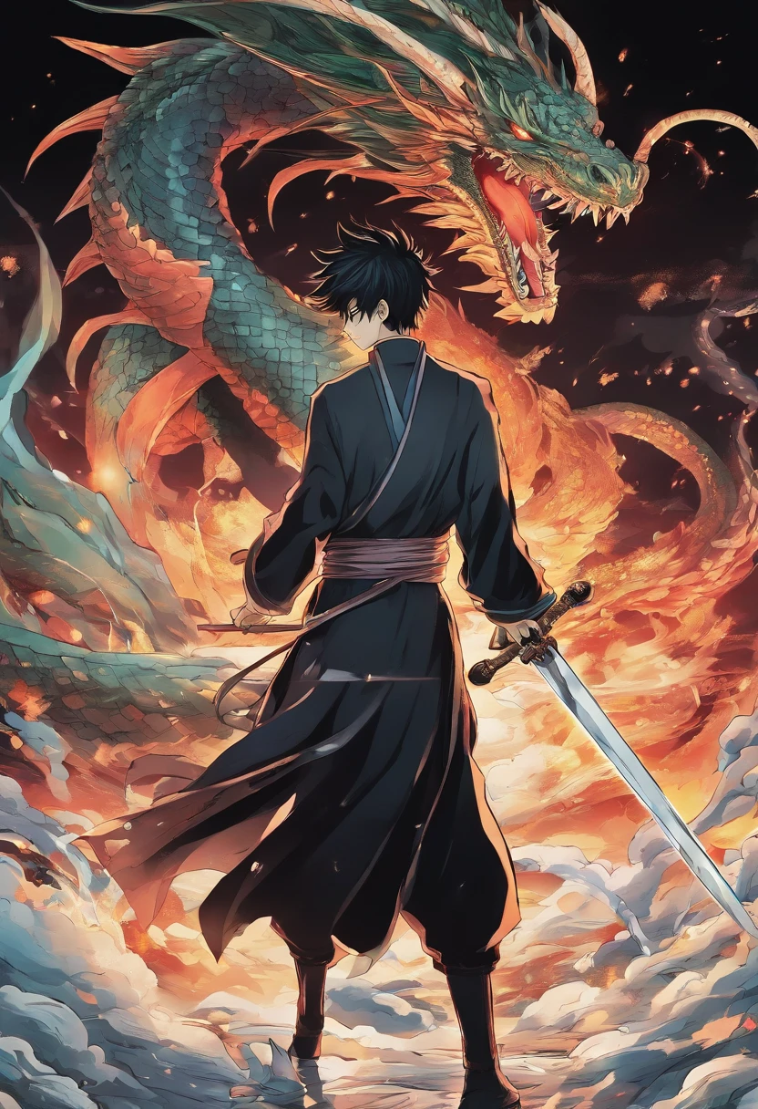 strong young man in black robes fighting a dragon with a giant 2-handed glowing sword, manga page
