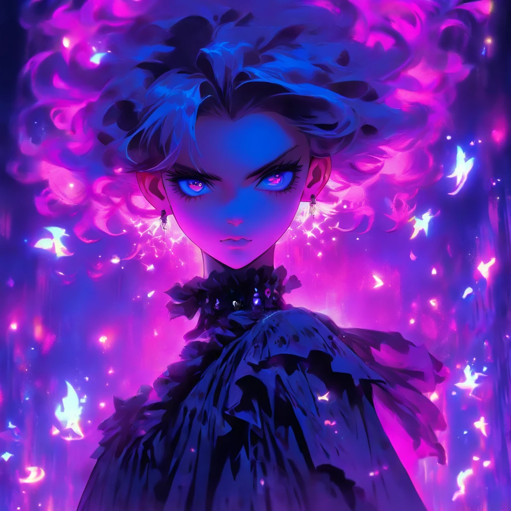 androgynous male Gothic lolita with purple shaved head, casting glowing soul spells while wearing lolita dress