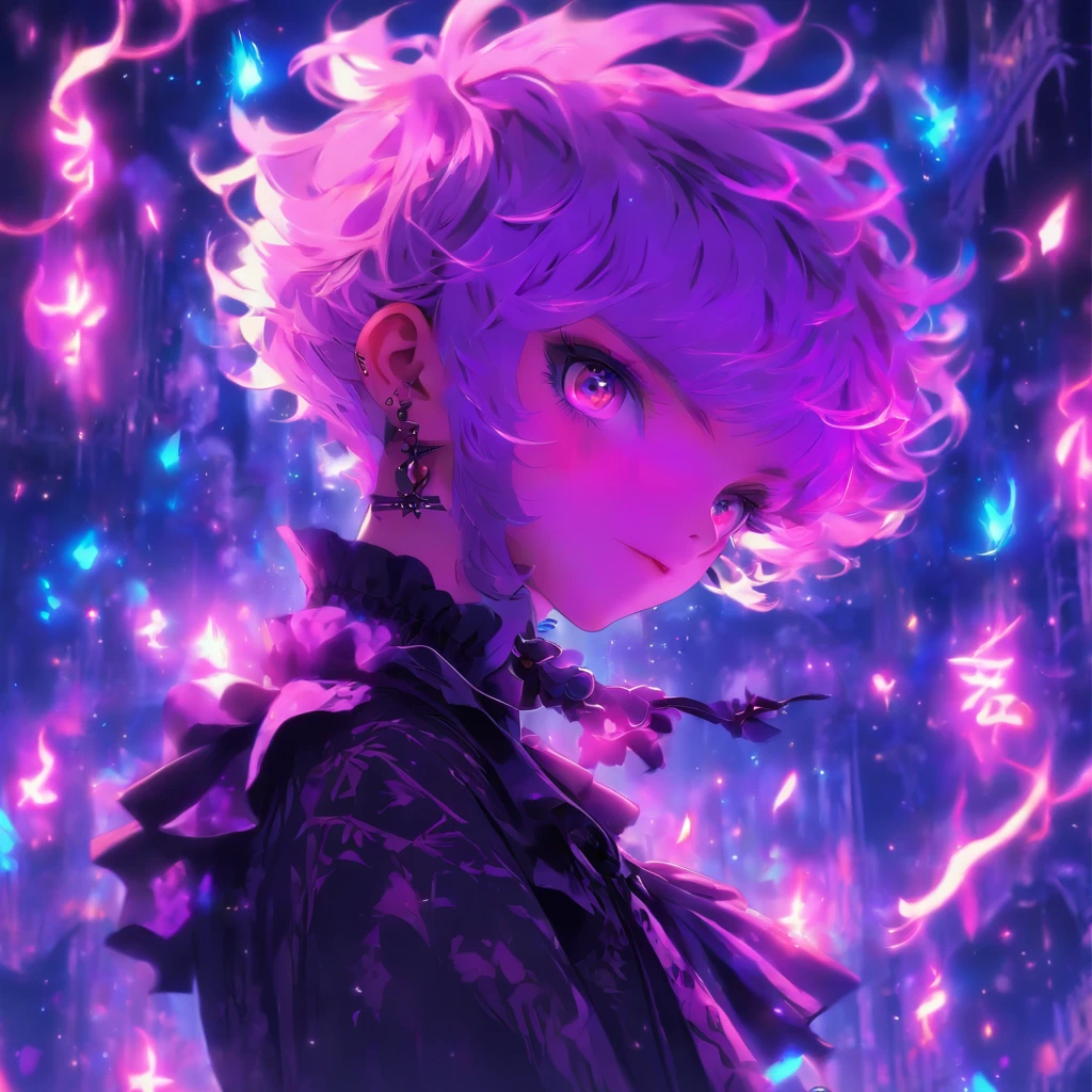 androgynous male Gothic ta with purple shaved head, casting glowing soul spells while wearing loliress