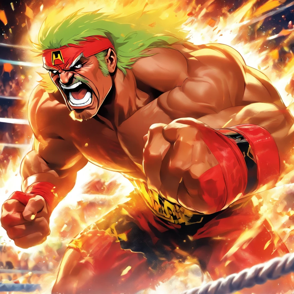 (highres,realistic:1.2),professional wrestler Hulk Hogan,ripped muscles,sweating profusely,intense expression,fierce determination,bulging veins,signature blond mustache and hair,bright red and yellow wrestling attire,defending the championship belt,mid-air jump from the ropes,packed stadium crowd cheering,vivid colors,dynamic action,high-energy match,spotlight illuminating the ring,explosive power and athleticism,Hogan's famous finishing move "Atomic Leg Drop",dramatic camera angles,electric atmosphere